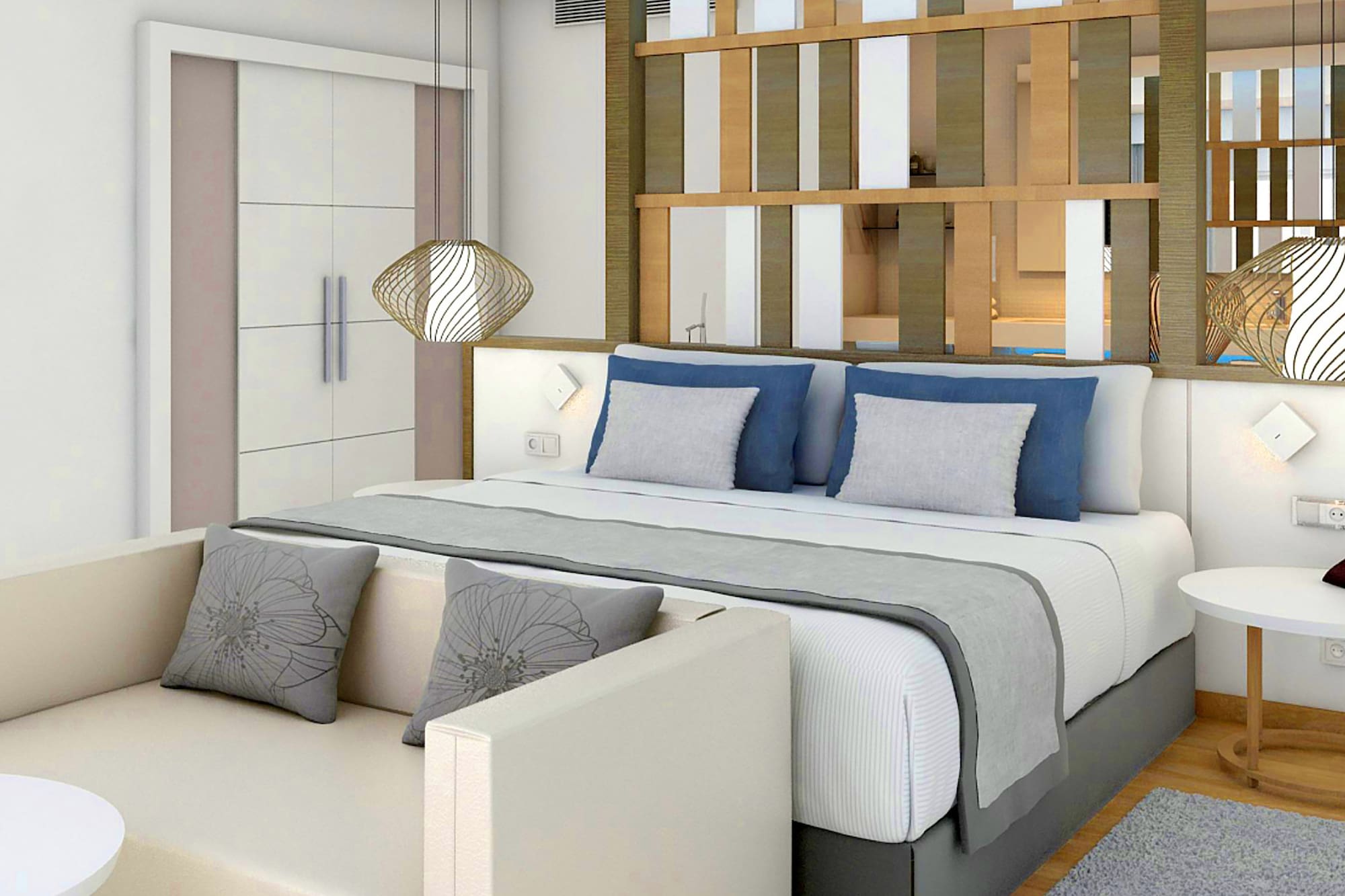 a bedroom with a bed and a couch