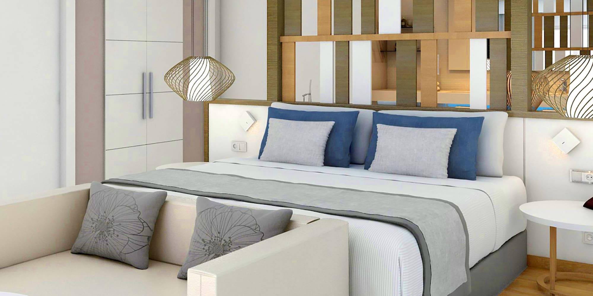 a bedroom with a bed and a couch