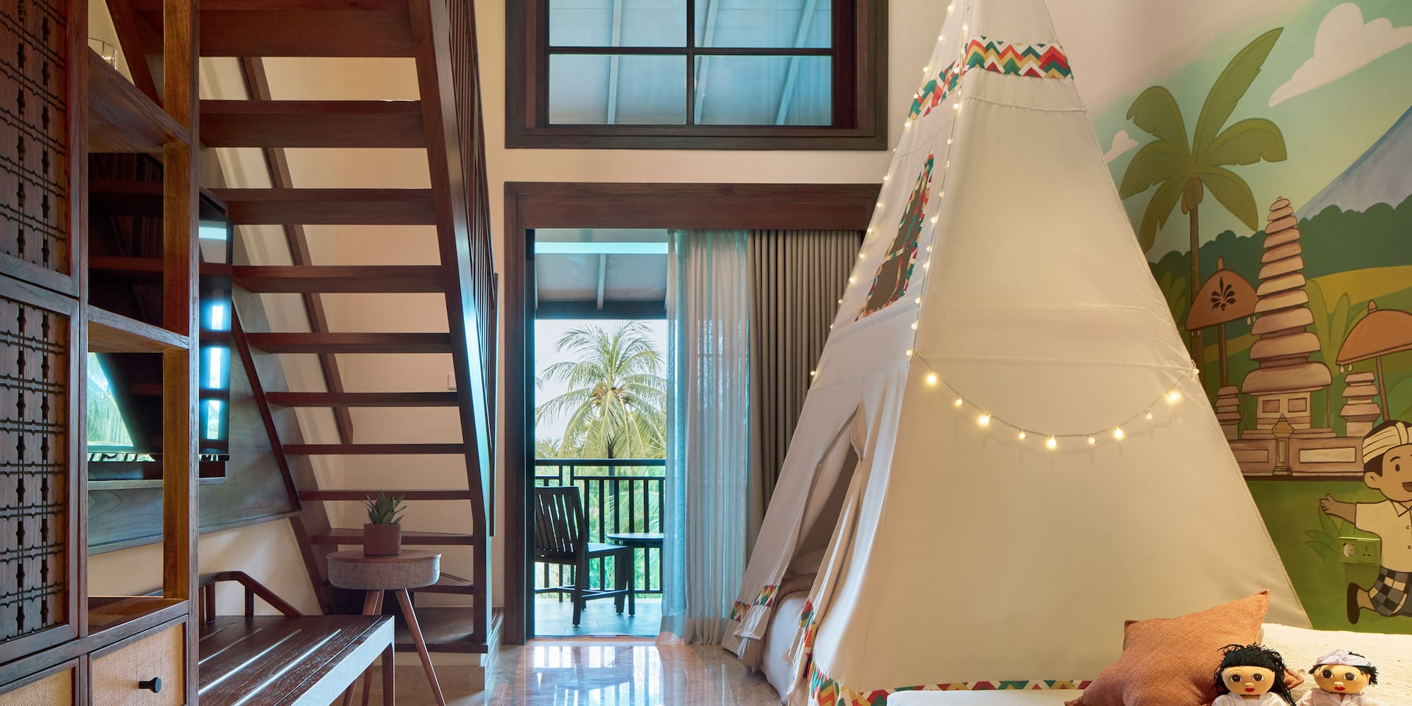 a room with a teepee and a bed