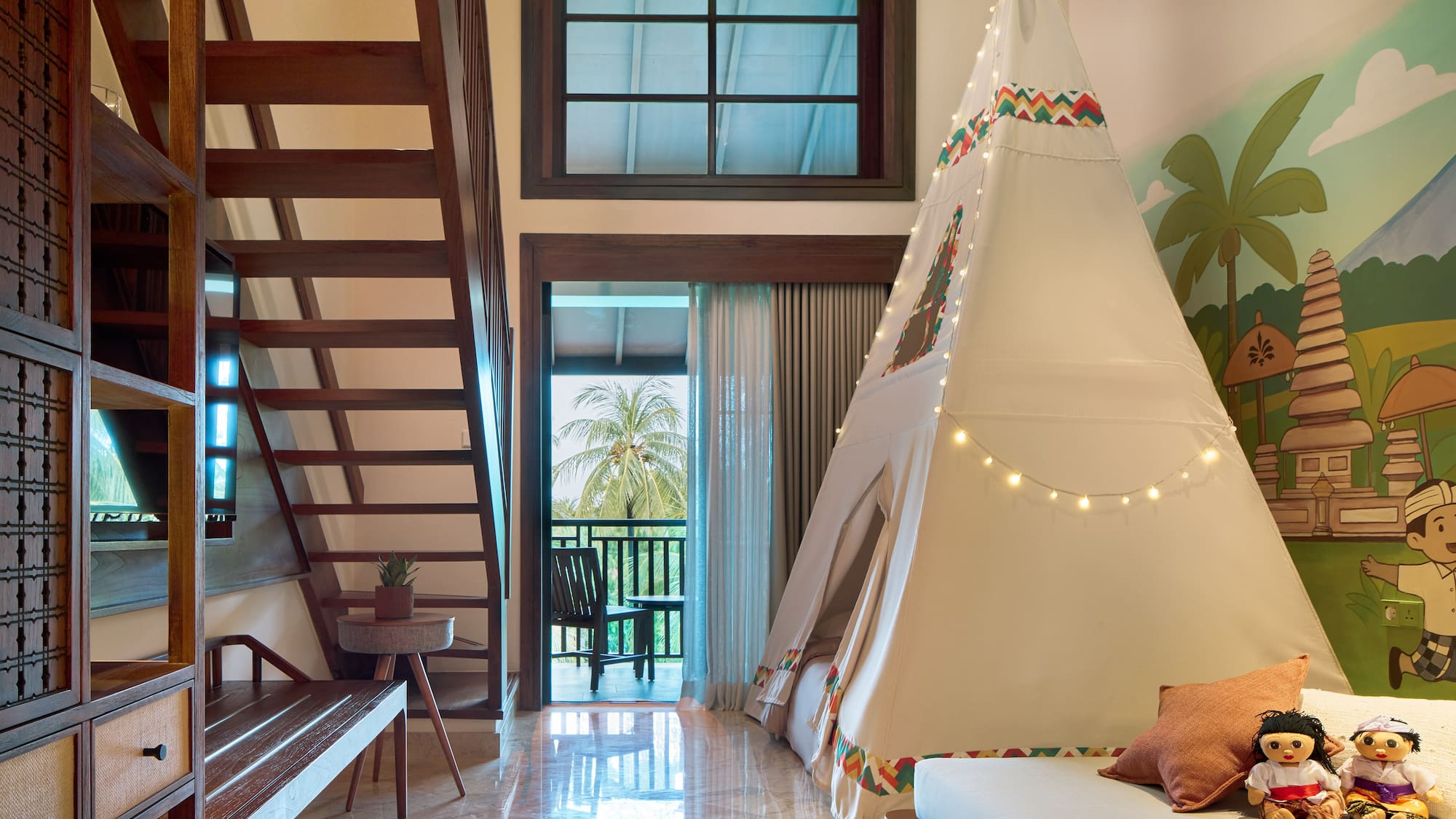 a room with a teepee and a bed