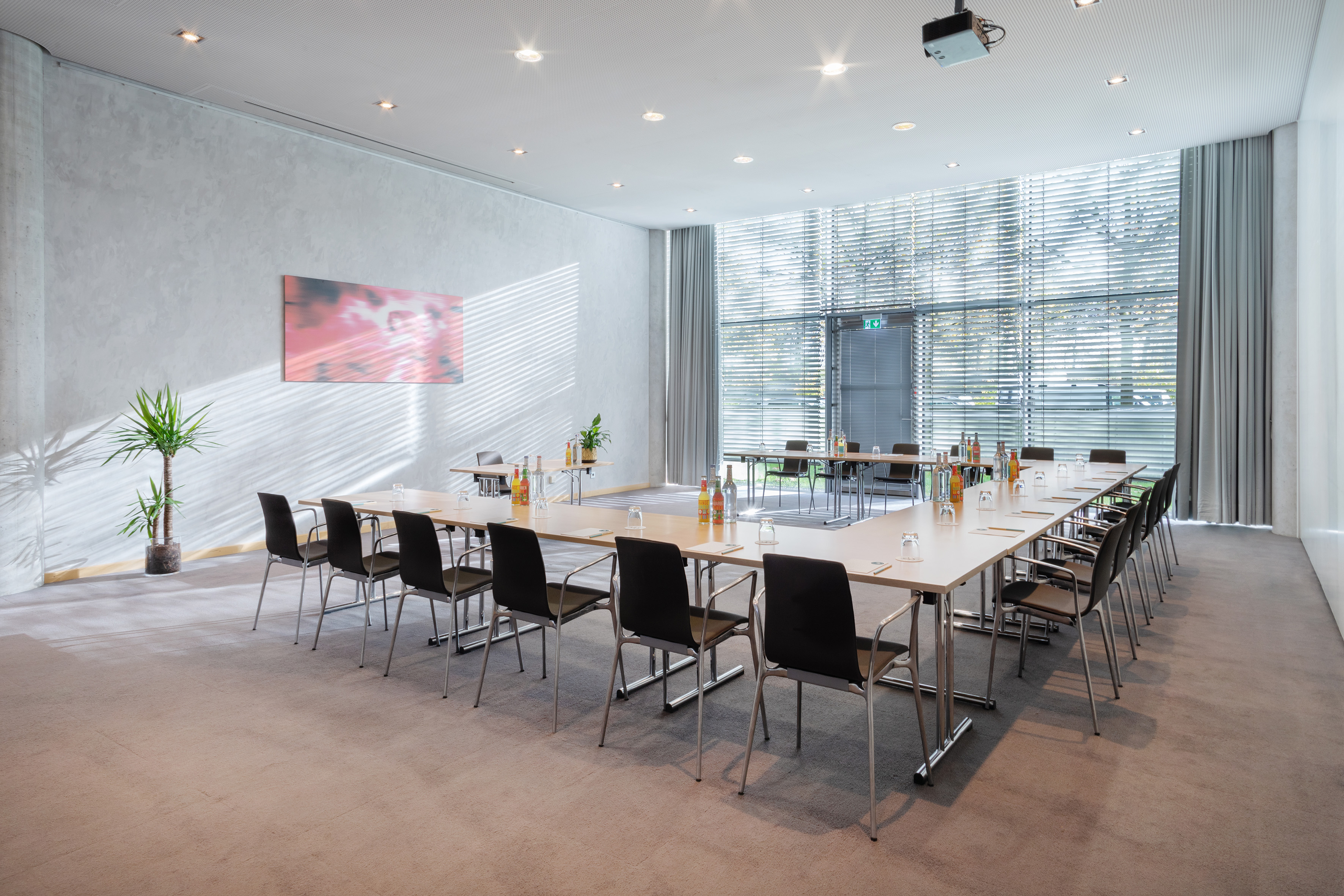 a room with a table and chairs