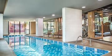 a swimming pool inside a building