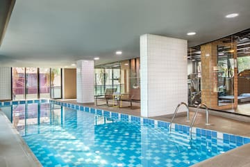 a swimming pool inside a building