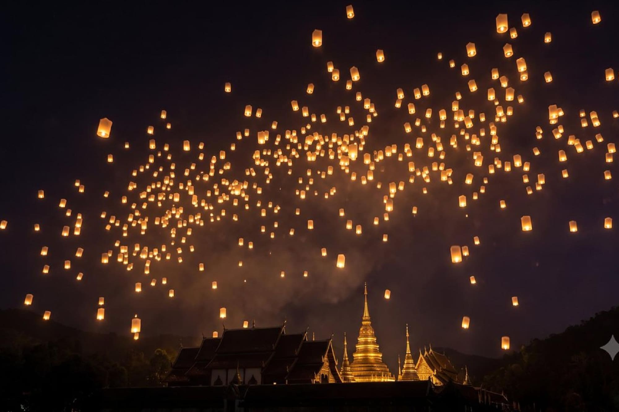 Glowing sky lanterns fill the night sky above a golden temple.