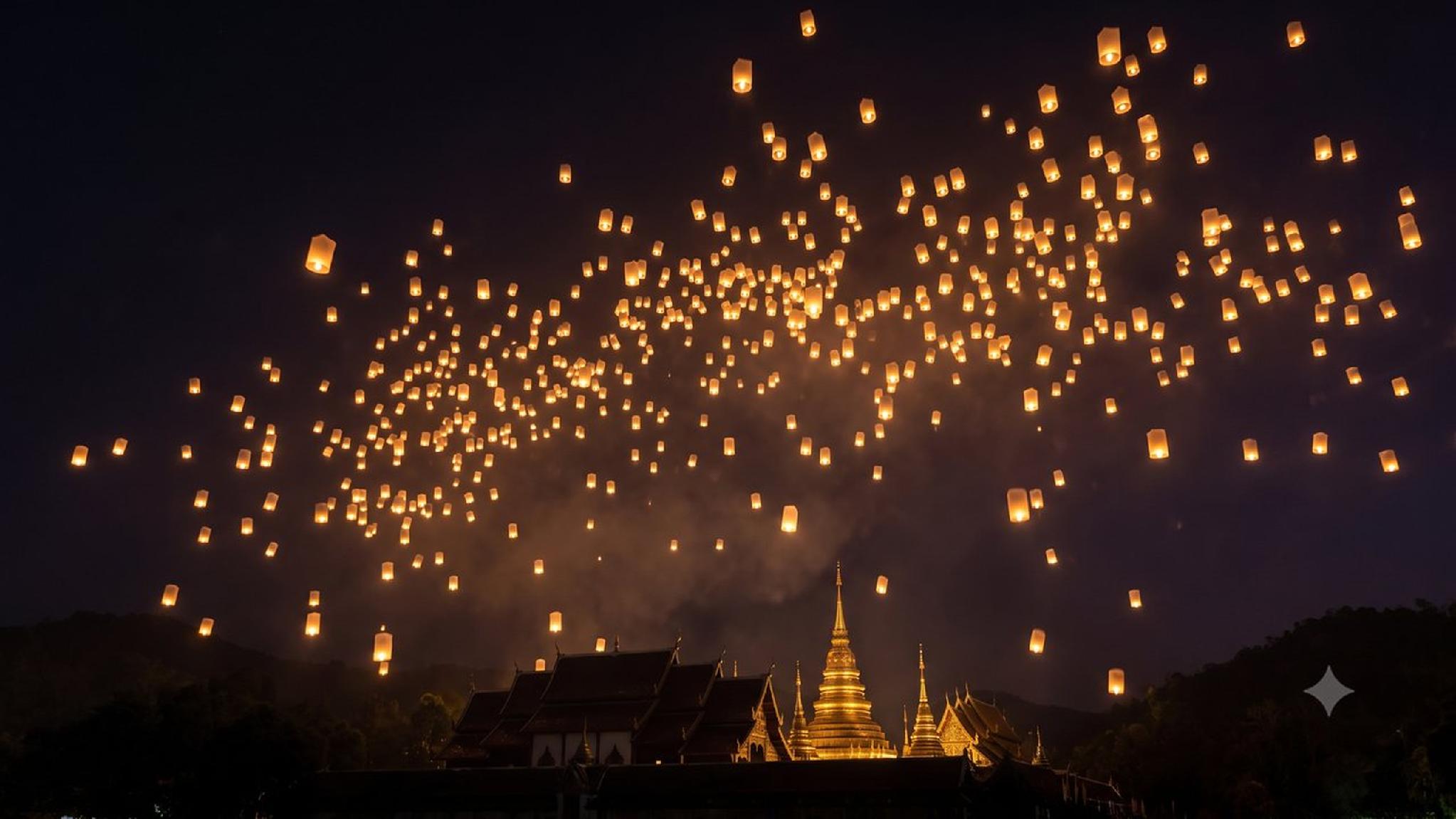 Glowing sky lanterns fill the night sky above a golden temple.
