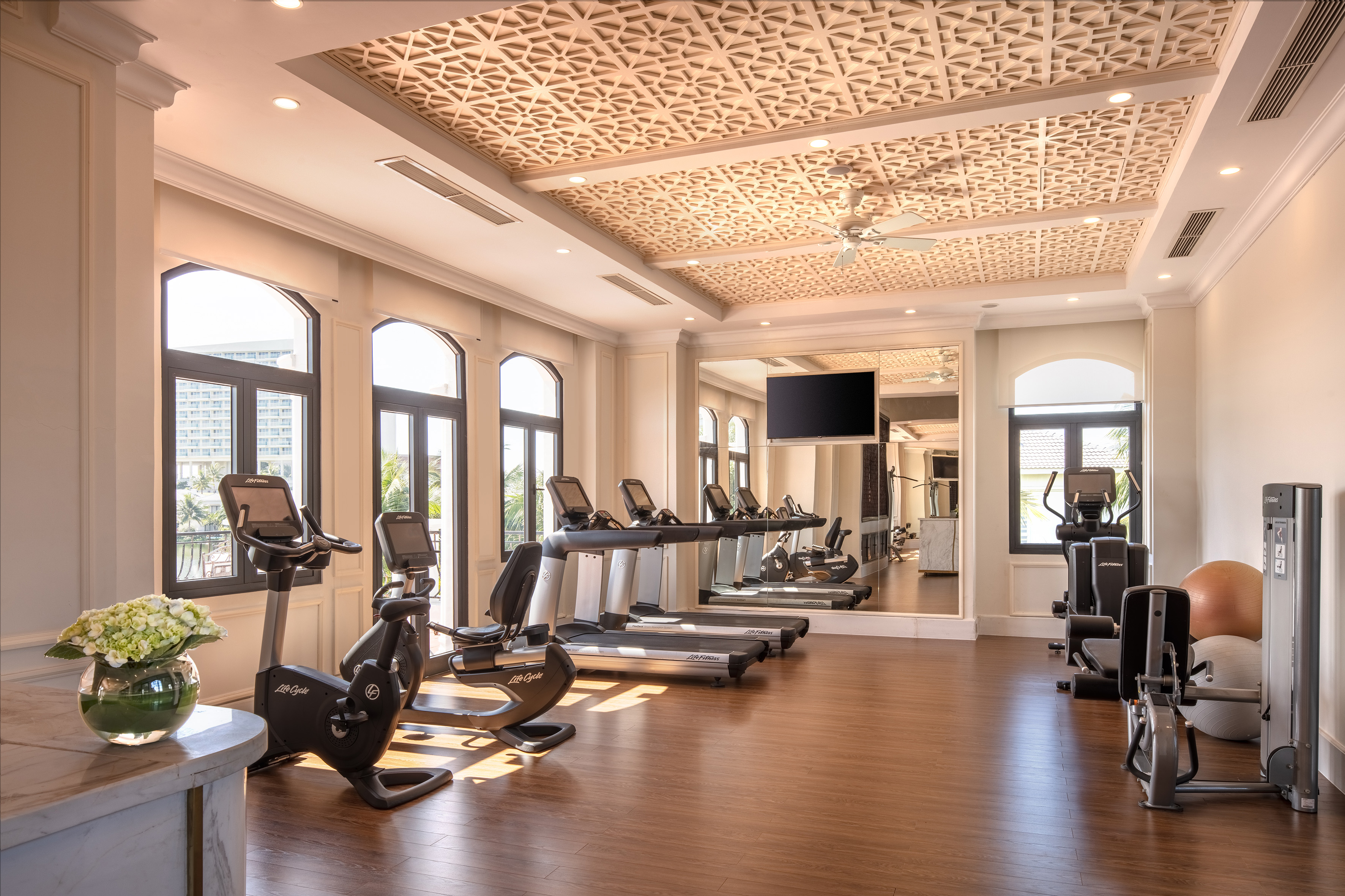 Gym with treadmills, bikes, weights, large windows, and ornate patterned ceiling.