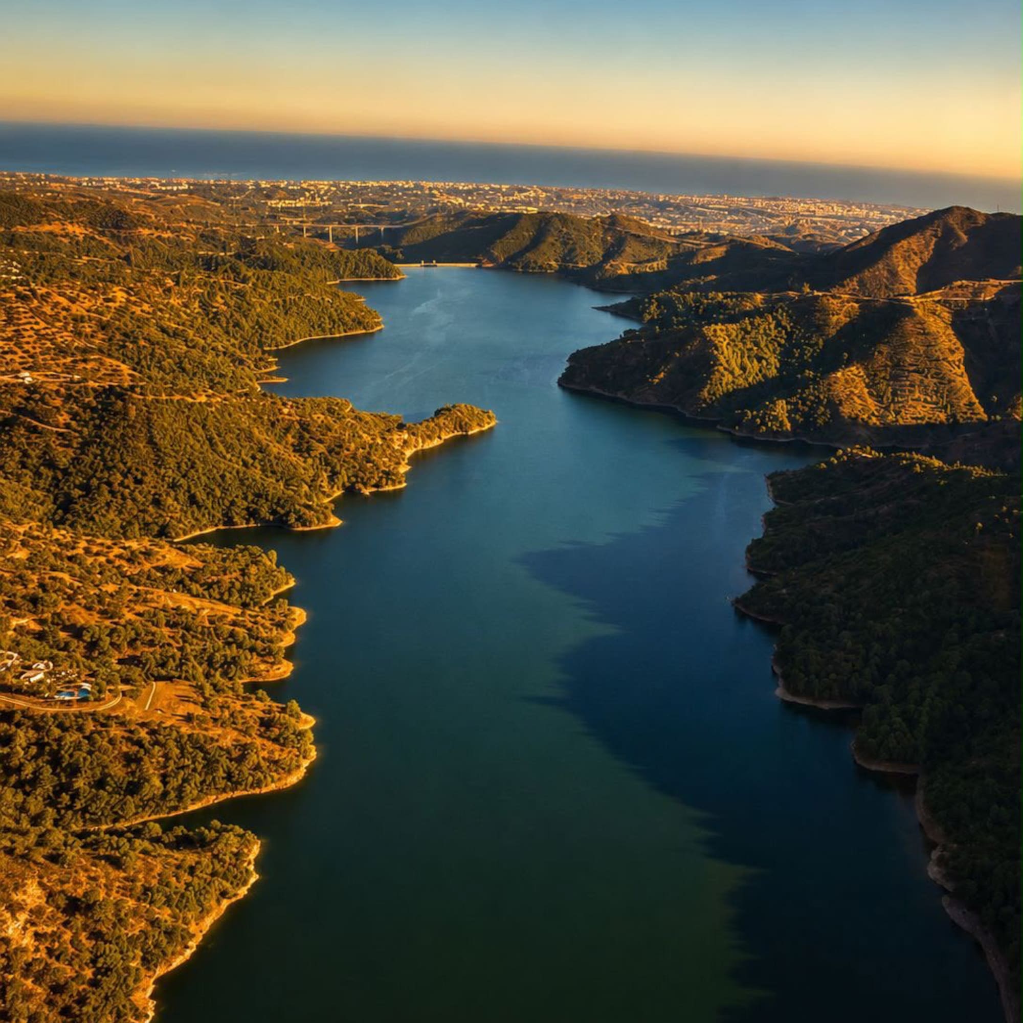 Aerial sunset over reservoir, forested mountains, distant city, and ocean.