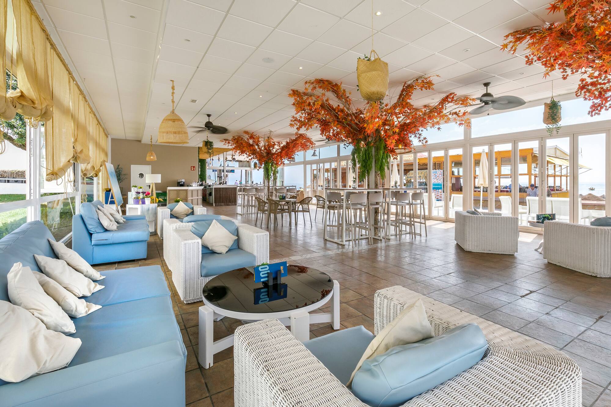 Modern lounge bar with blue seating, orange trees, and sea views.