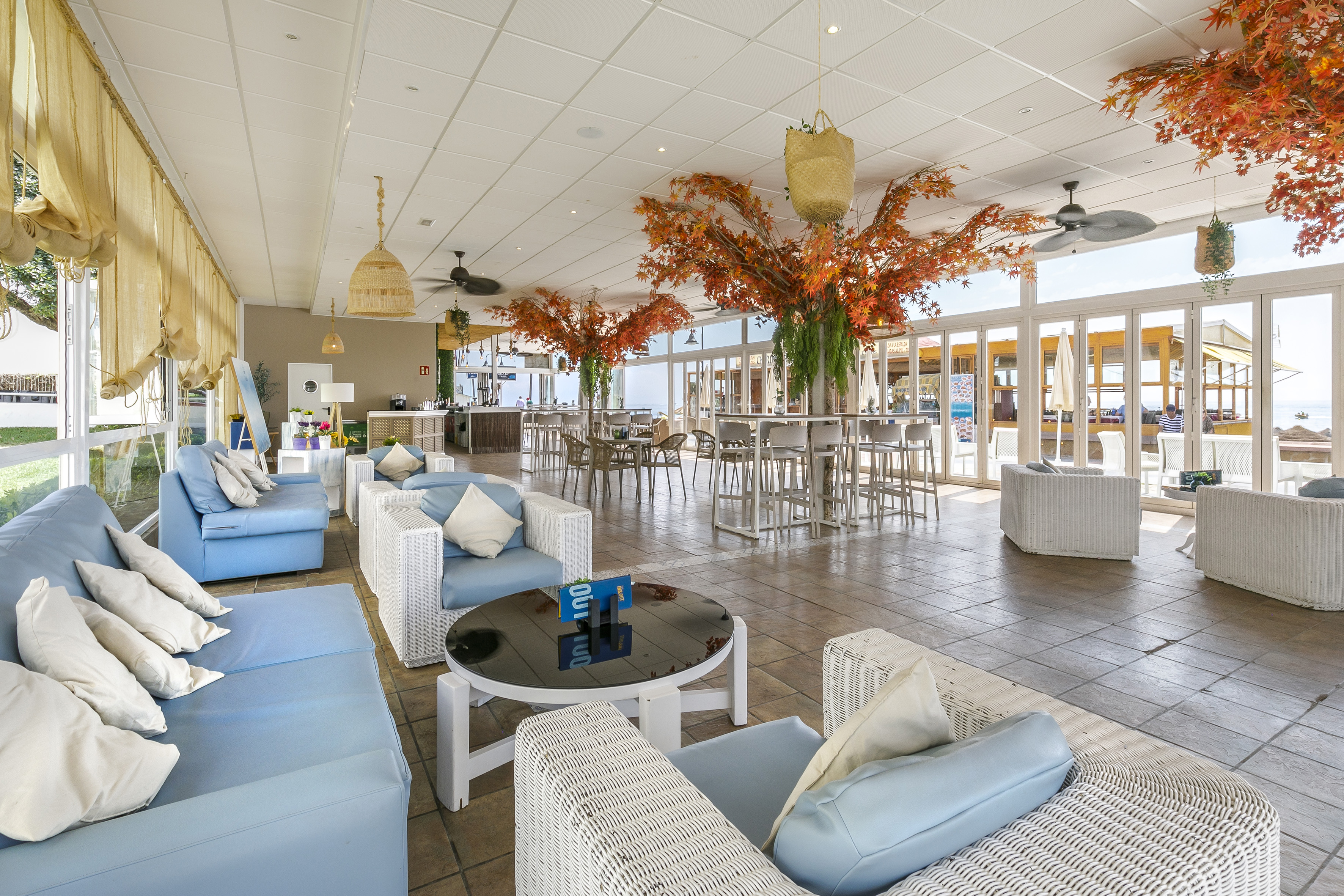 Modern lounge bar with blue seating, orange trees, and sea views.