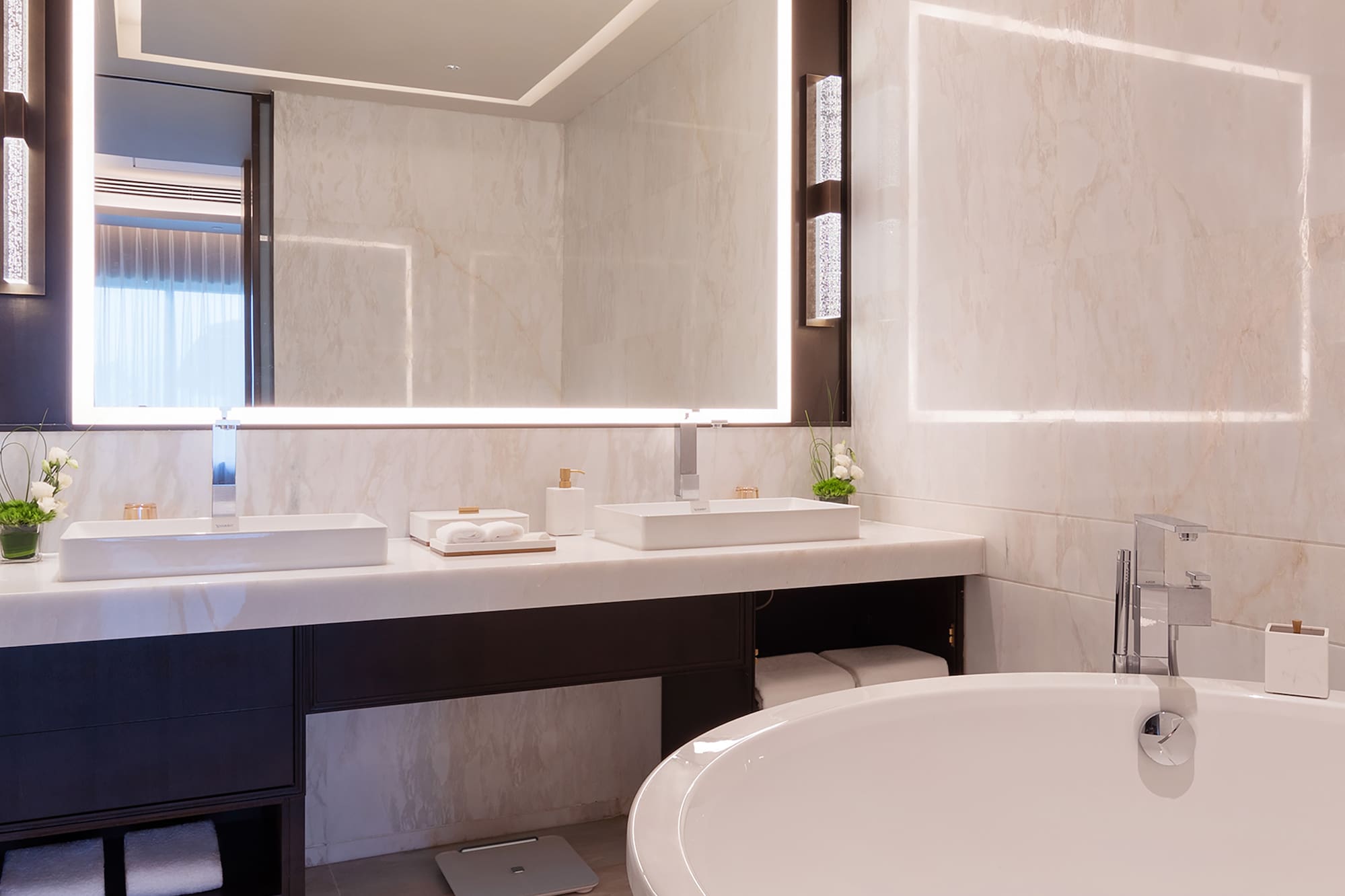 a bathroom with a large mirror