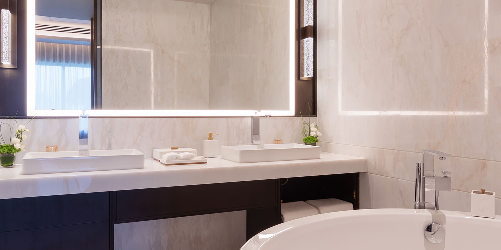 a bathroom with a large mirror