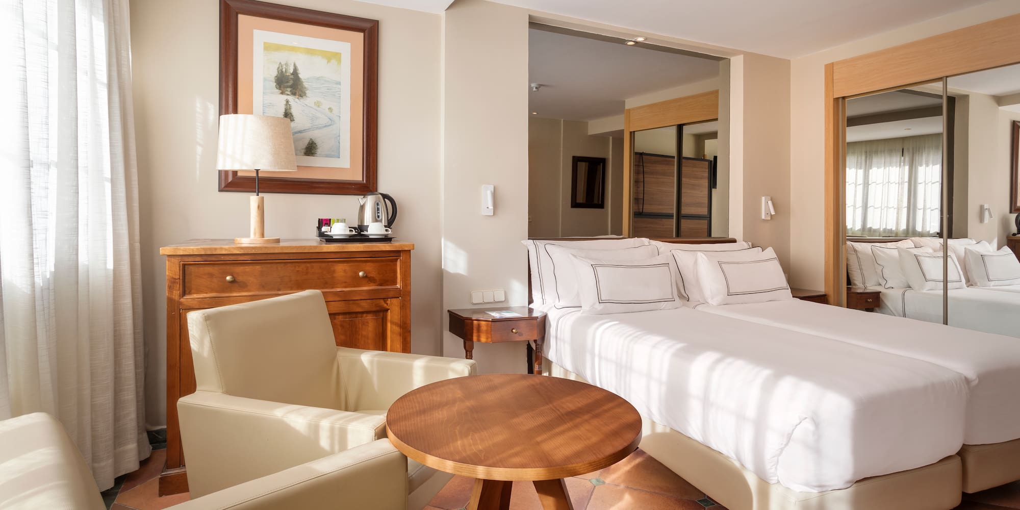 a room with a bed and a table