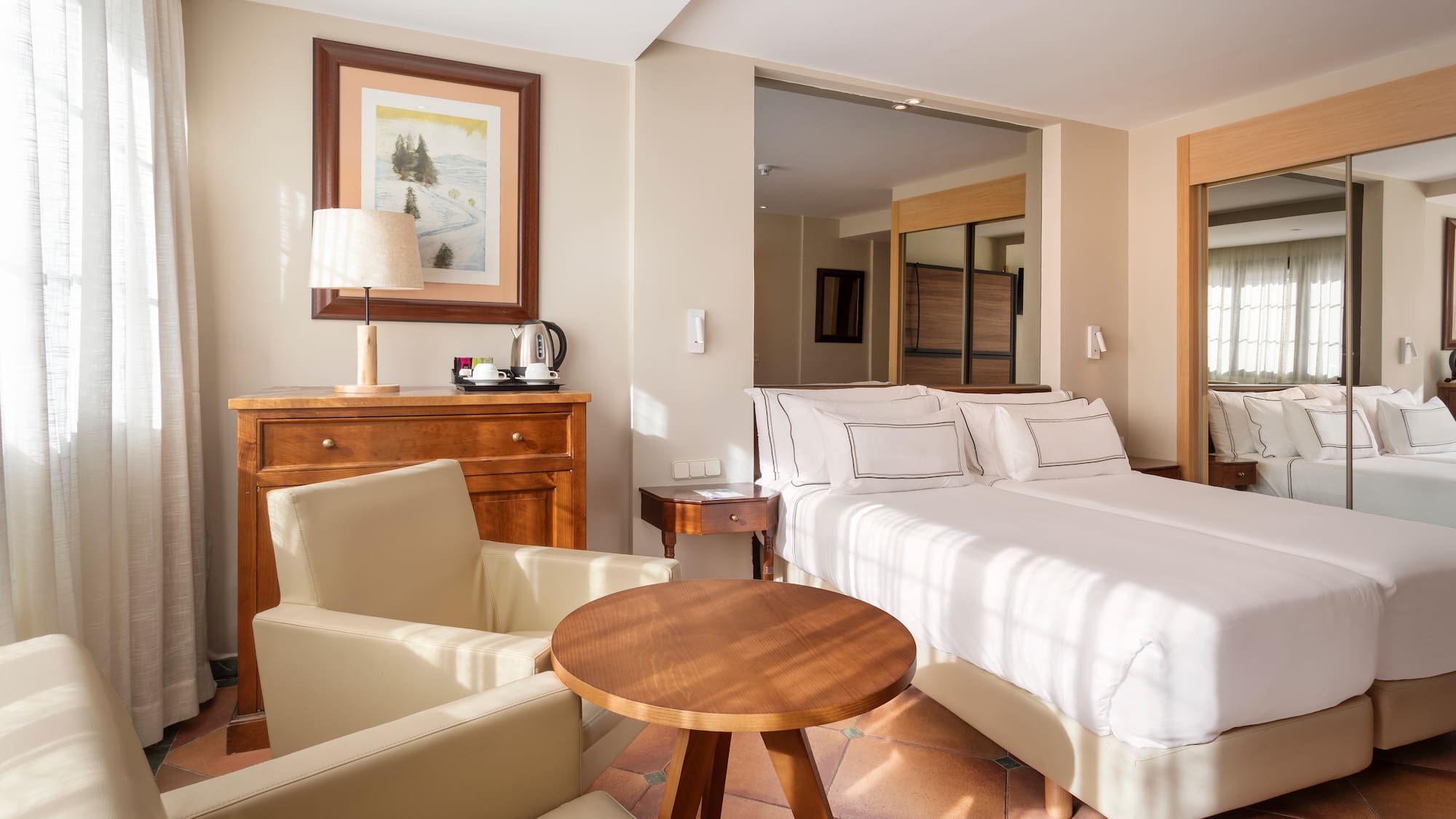 a room with a bed and a table