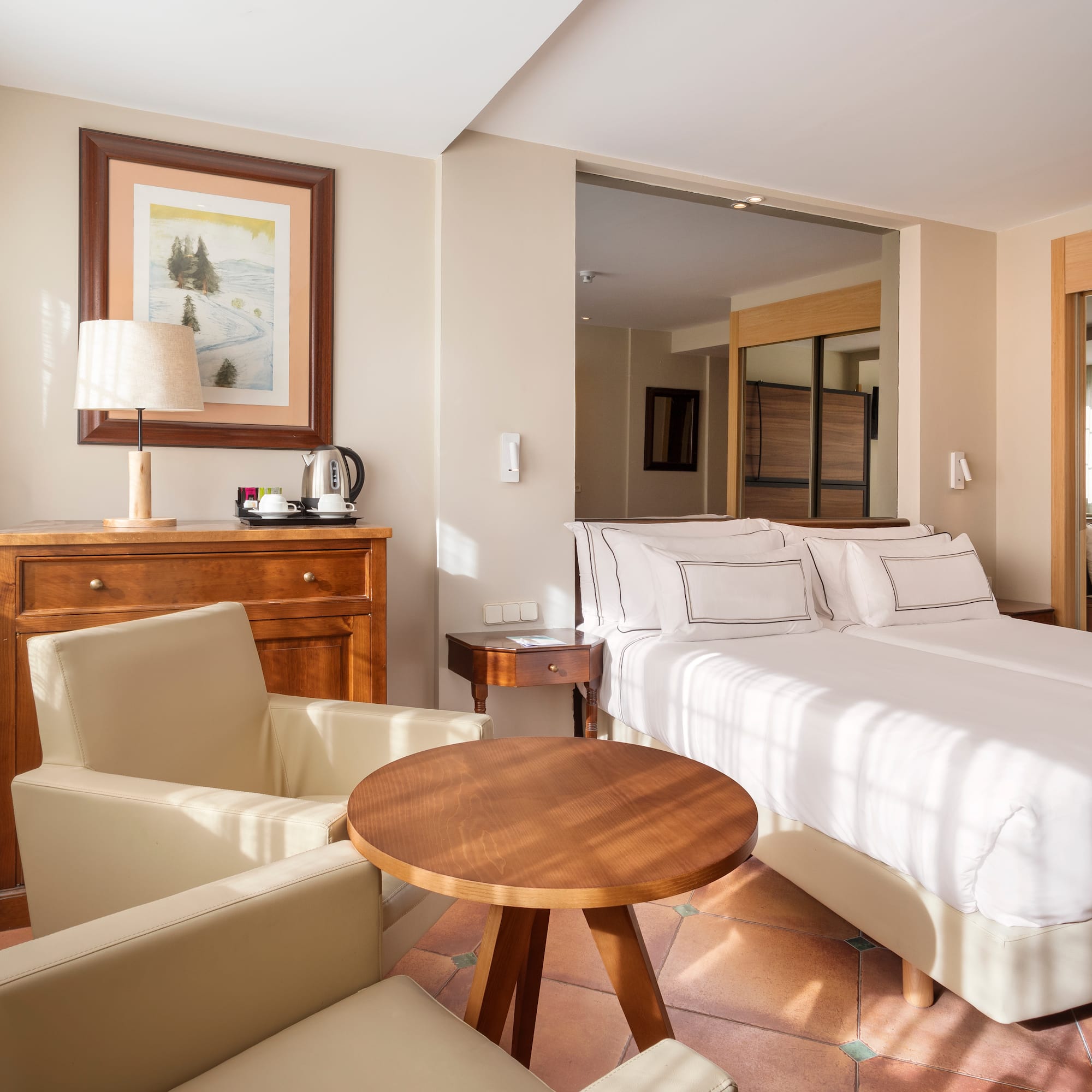 a room with a bed and a table