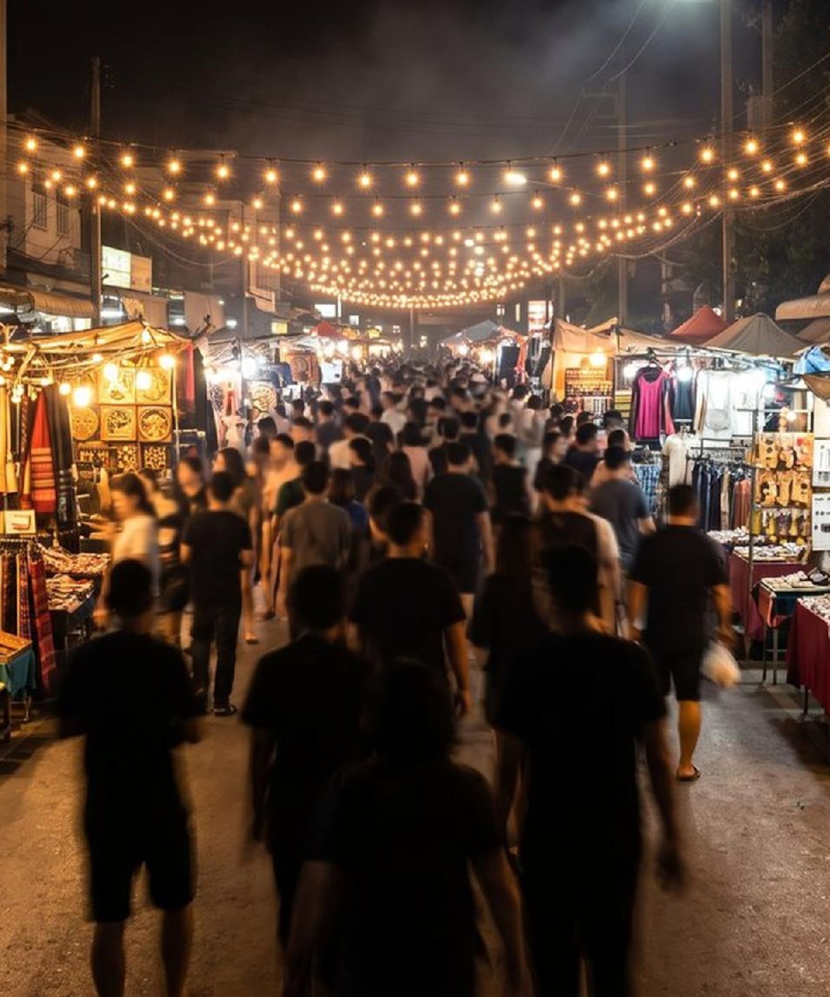 Bustling Asian night market with numerous stalls, people, and string lights.