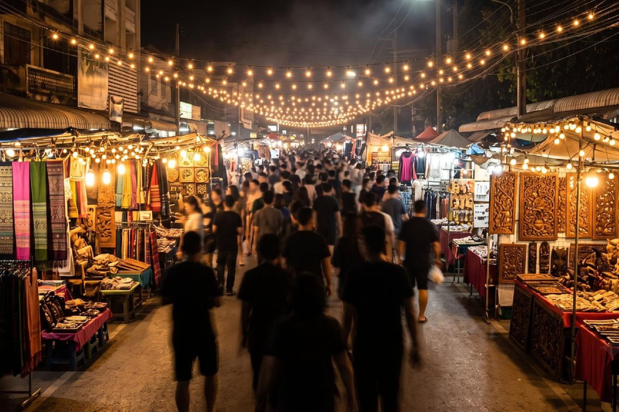 Bustling Asian night market with numerous stalls, people, and string lights.