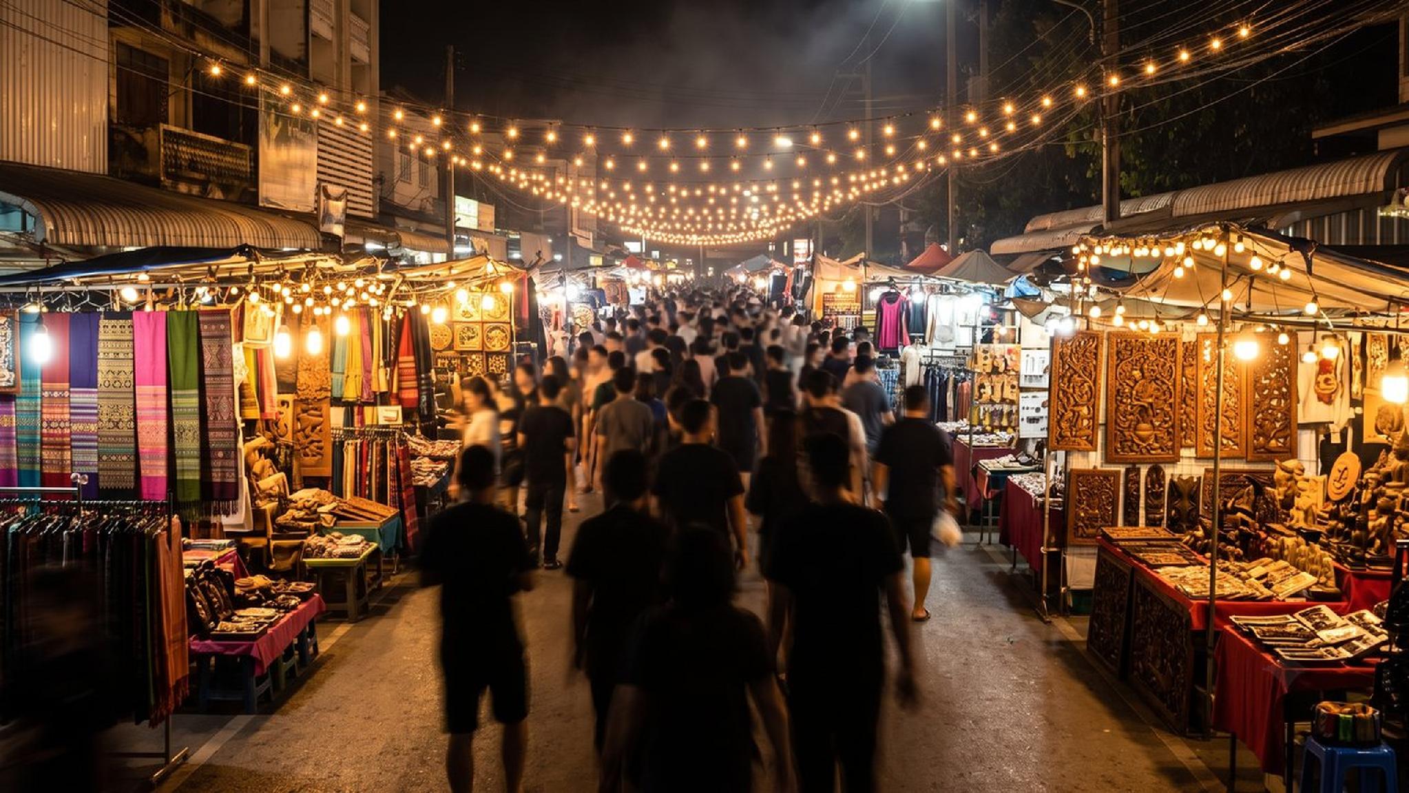 Bustling Asian night market with numerous stalls, people, and string lights.
