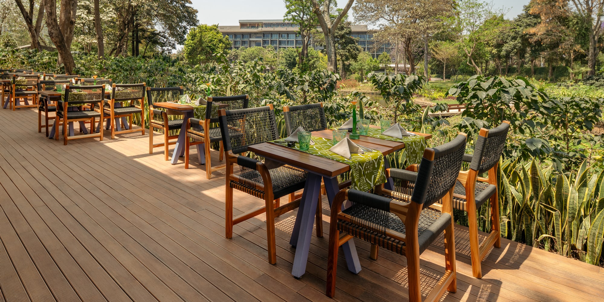 a table and chairs on a deck