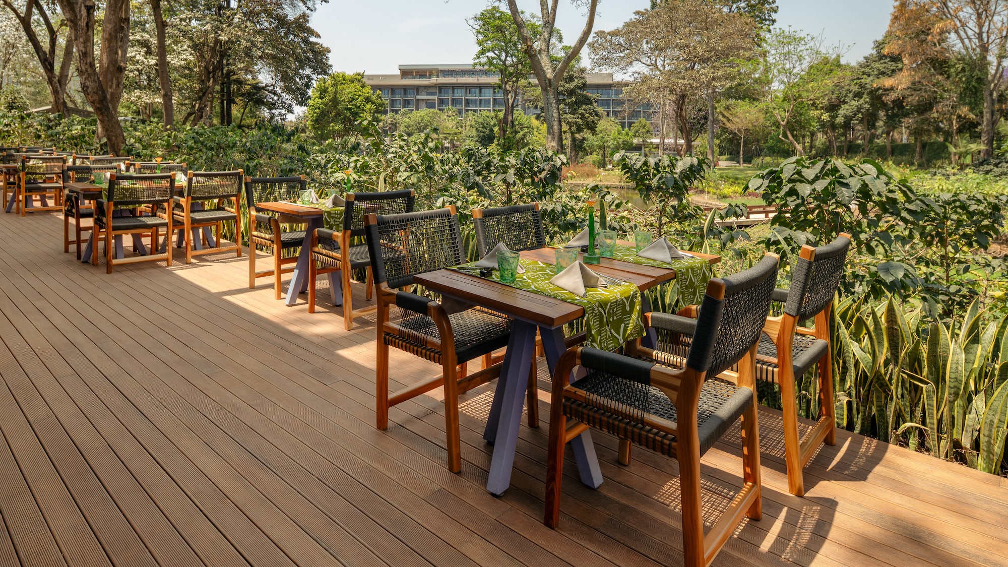 a table and chairs on a deck