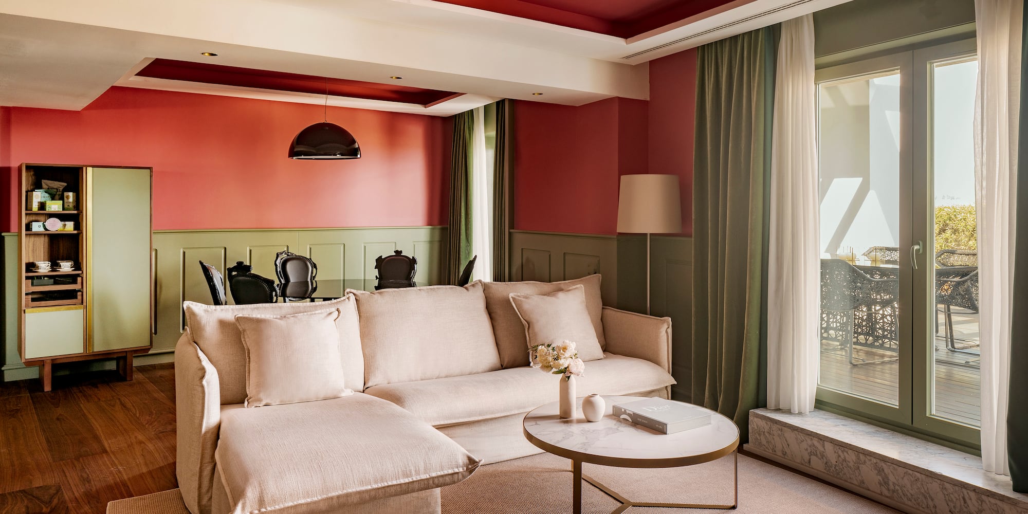 a living room with a couch and a table