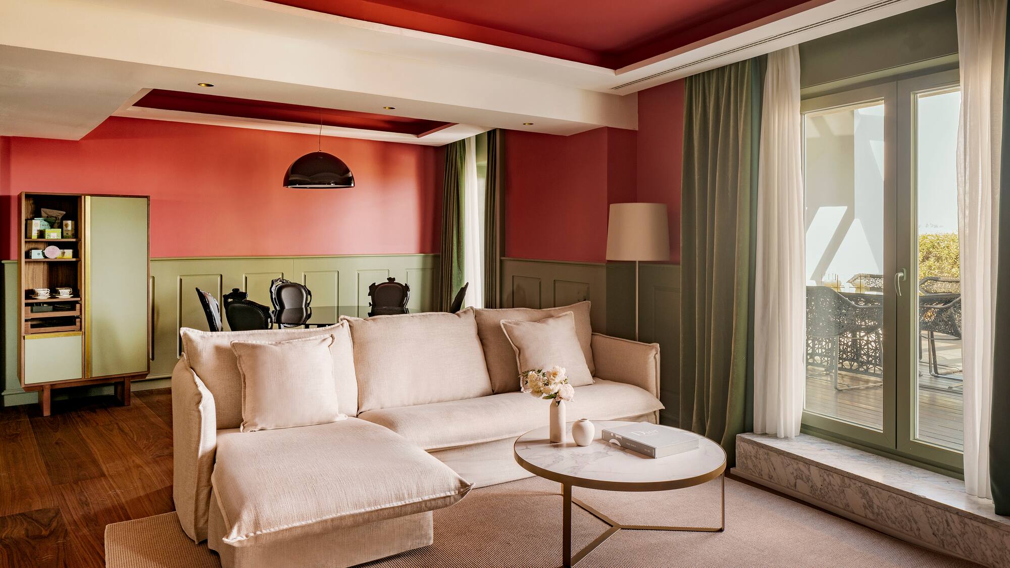 a living room with a couch and a table