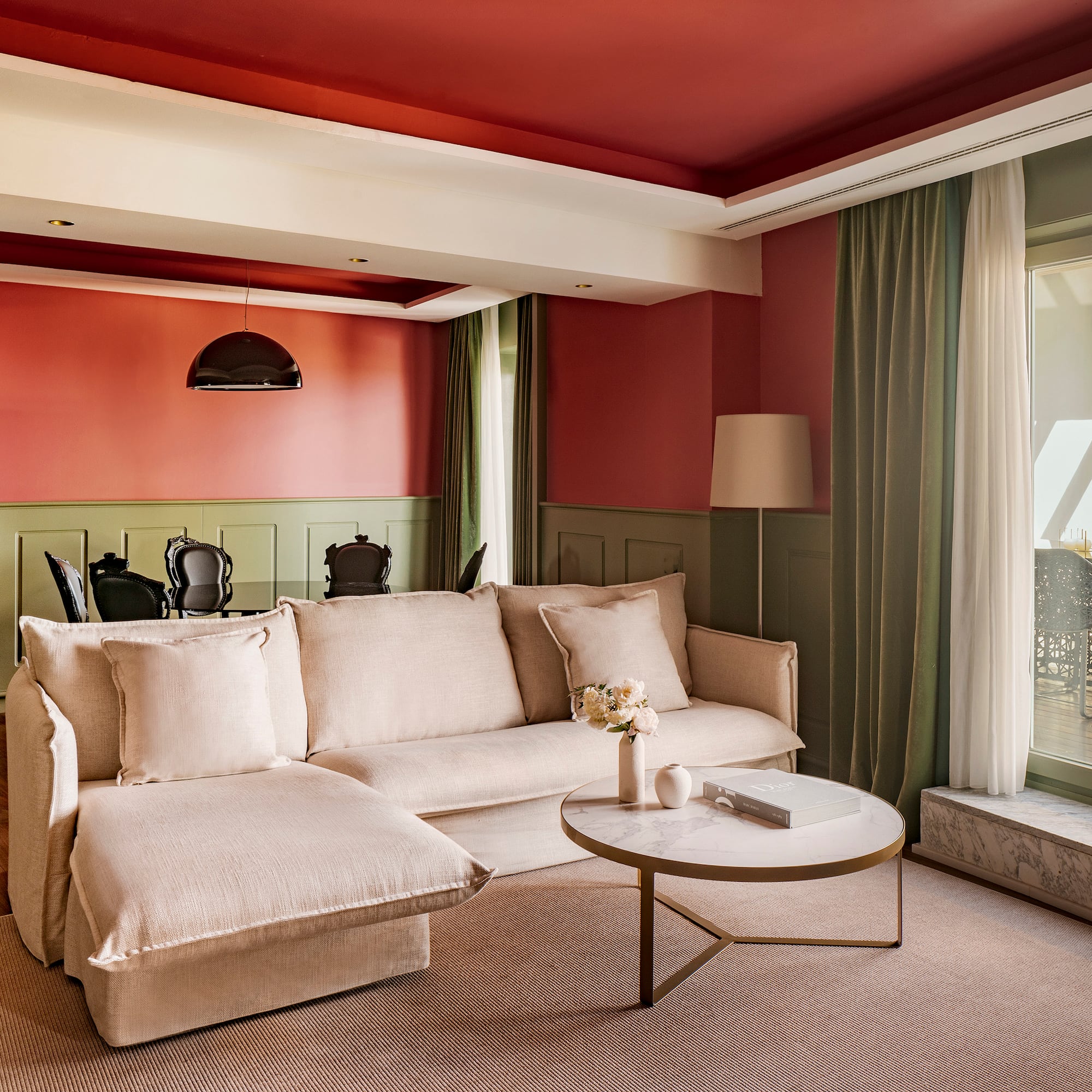 a living room with a couch and a table