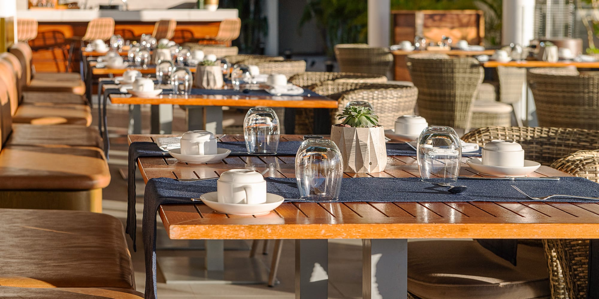 Sunny outdoor dining area with set wooden tables, white crockery, and succulents. - Santé, Cuisine internationale - Paradisus Los Cabos - Adults Only, Los Cabos