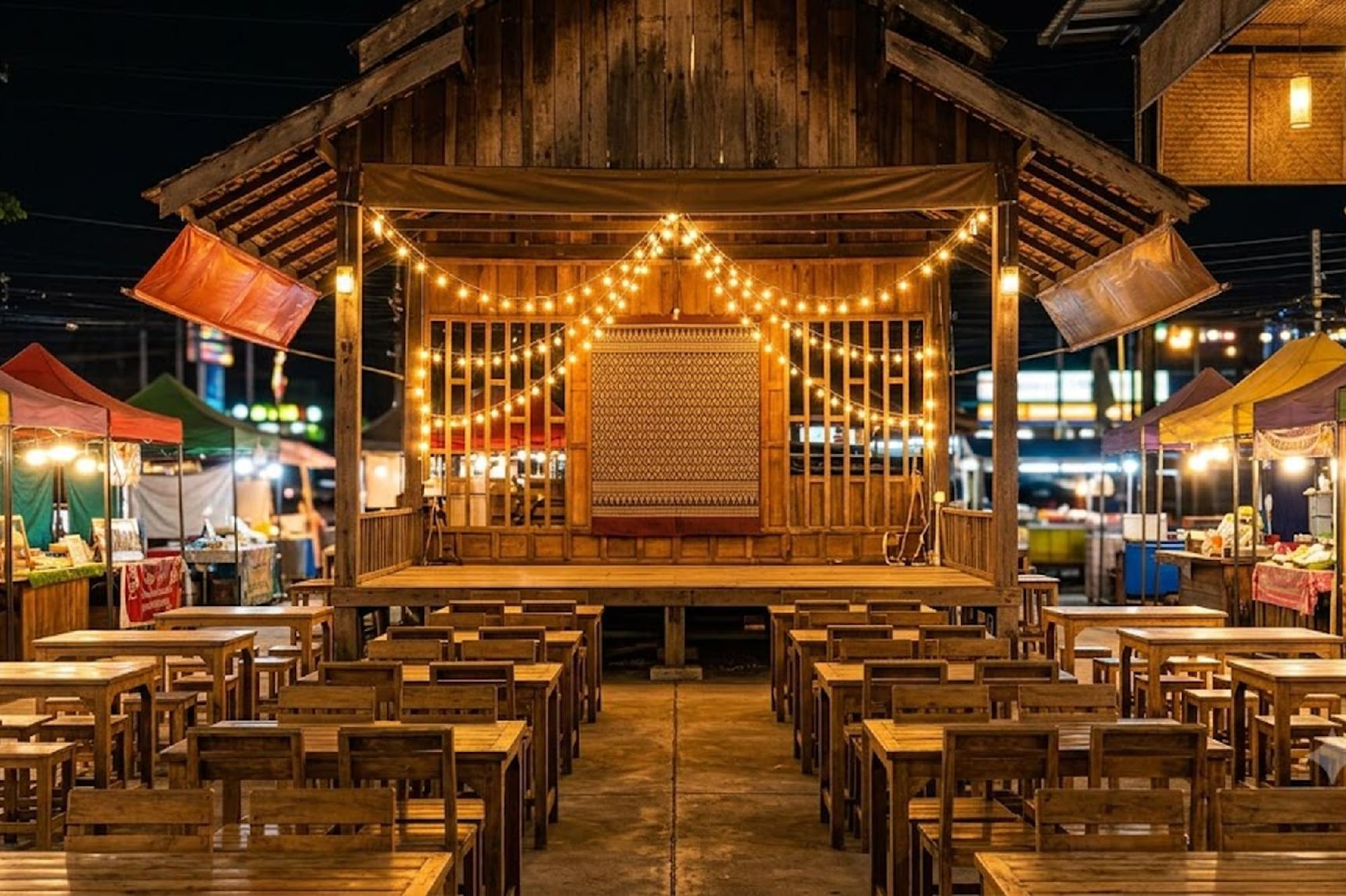 Night market stage with string lights, rows of wooden tables, and vendor stalls.