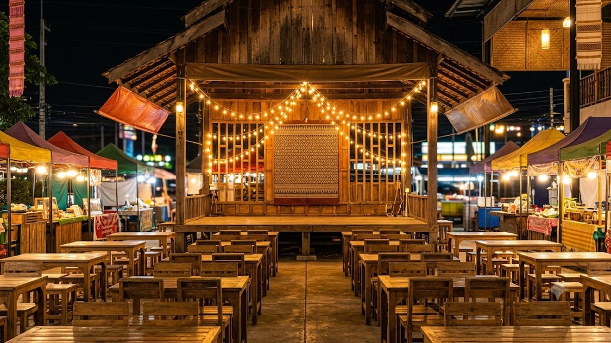 Night market stage with string lights, rows of wooden tables, and vendor stalls.