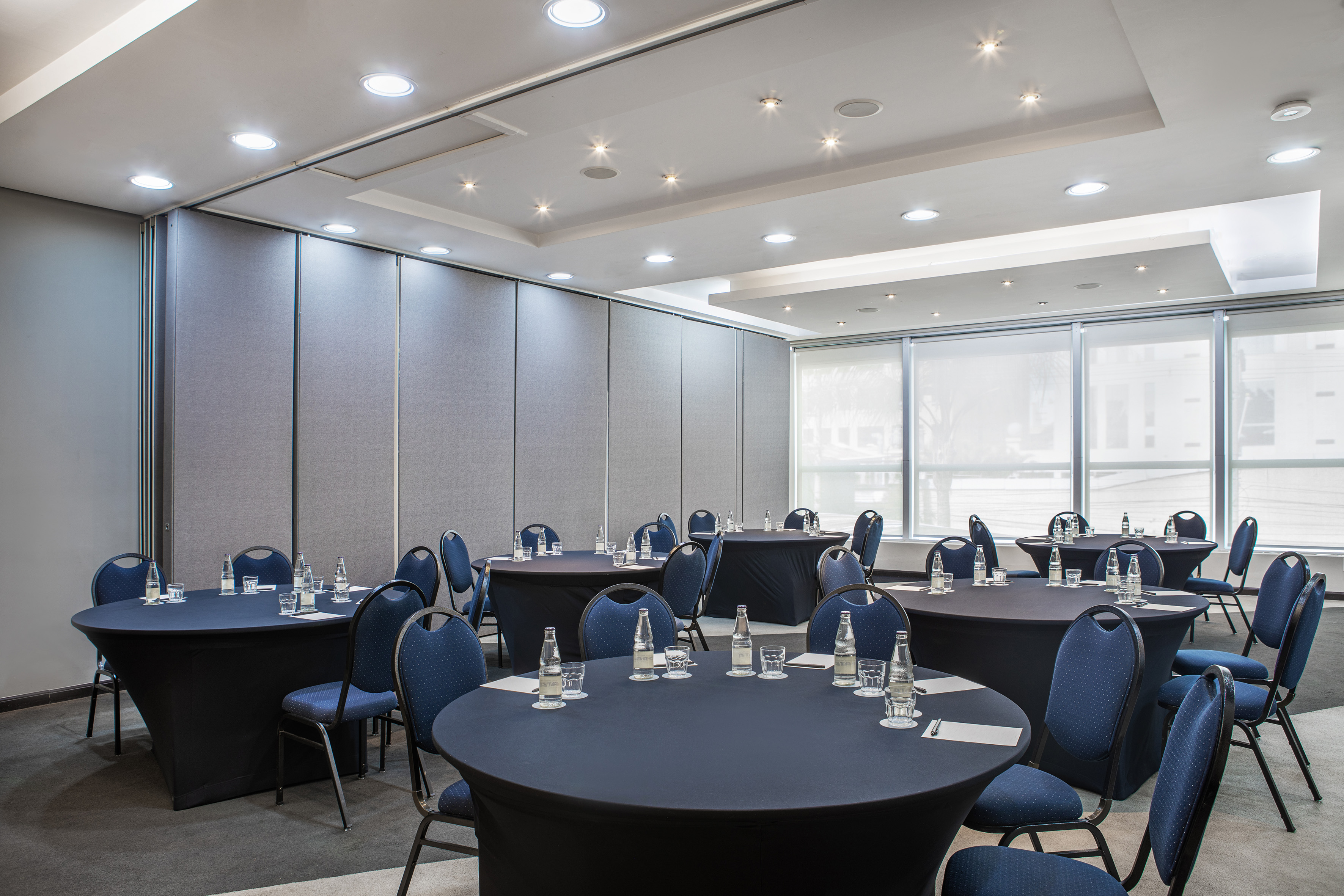 Modern conference room with dark round tables, blue chairs, partition walls, windows.