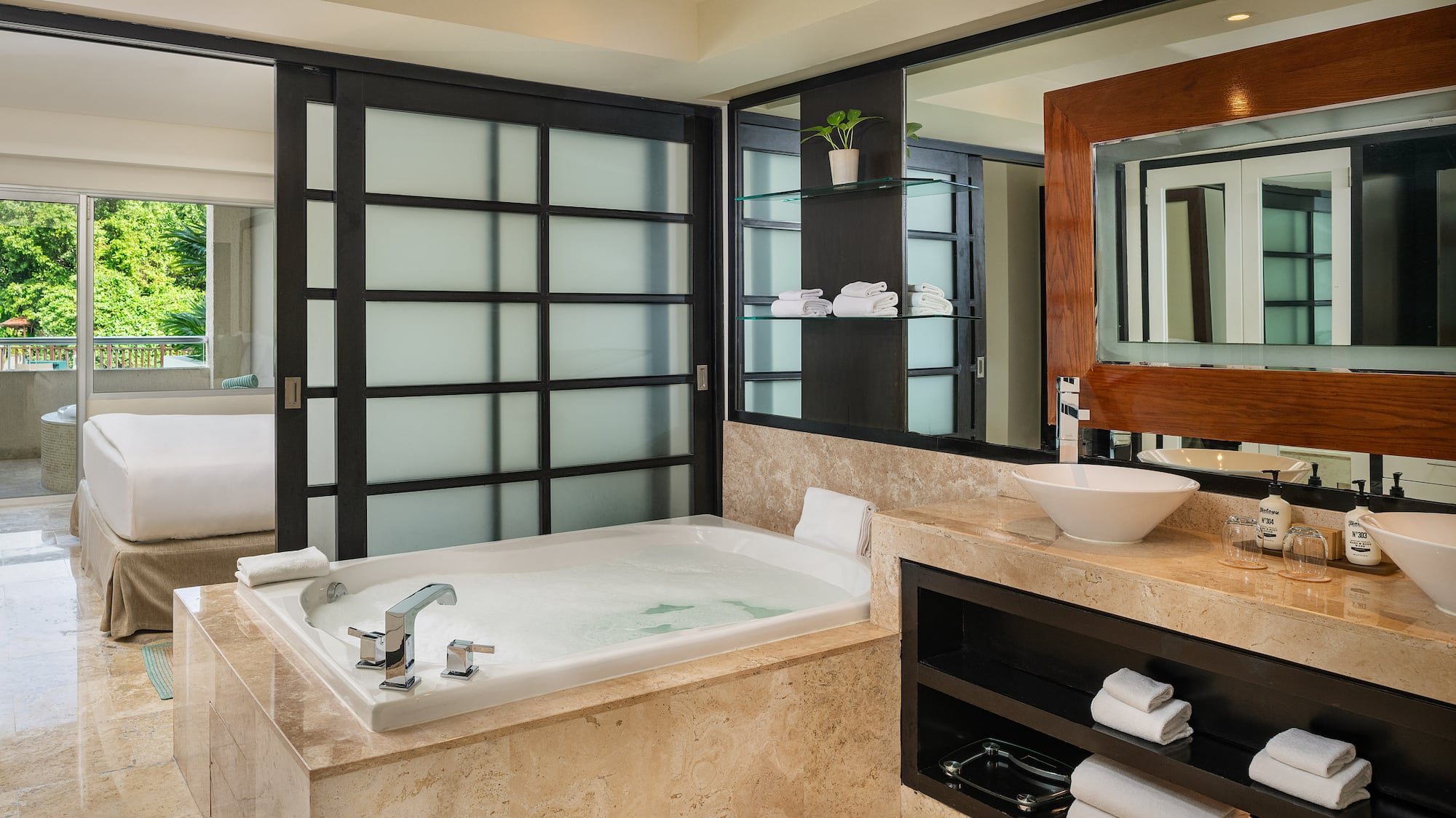 a bathroom with a tub and sink