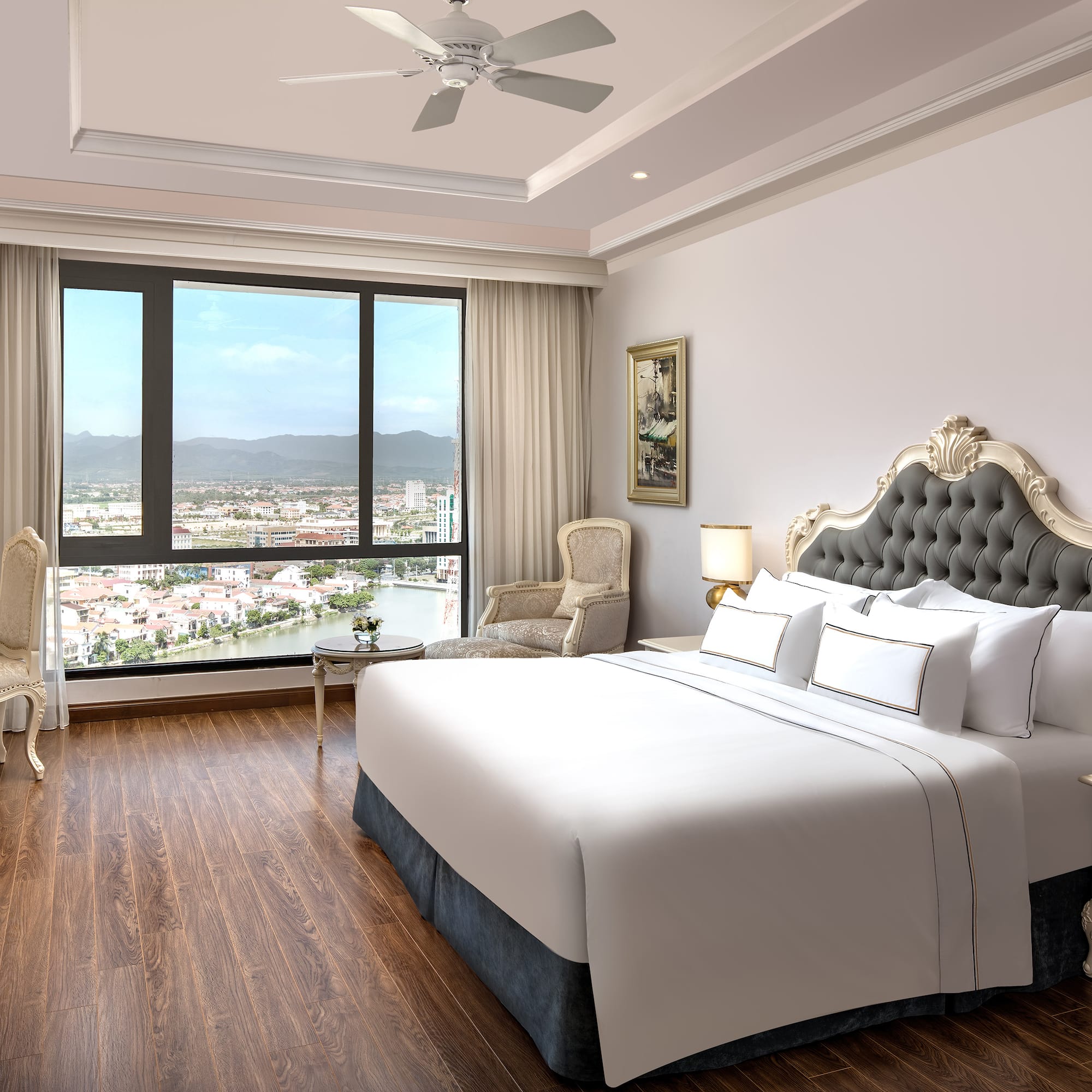 a bedroom with a large bed and a window