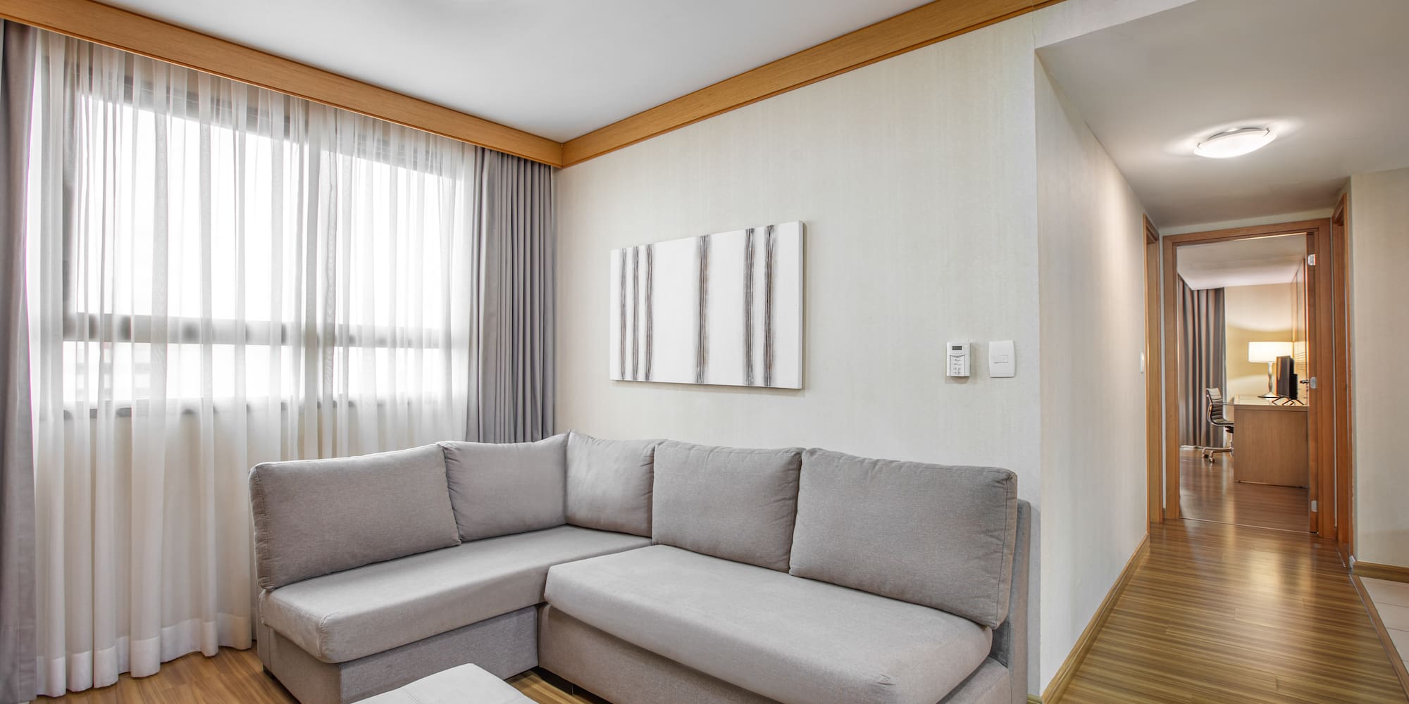 Modern living room with gray sectional sofa, wood floor, and large window.