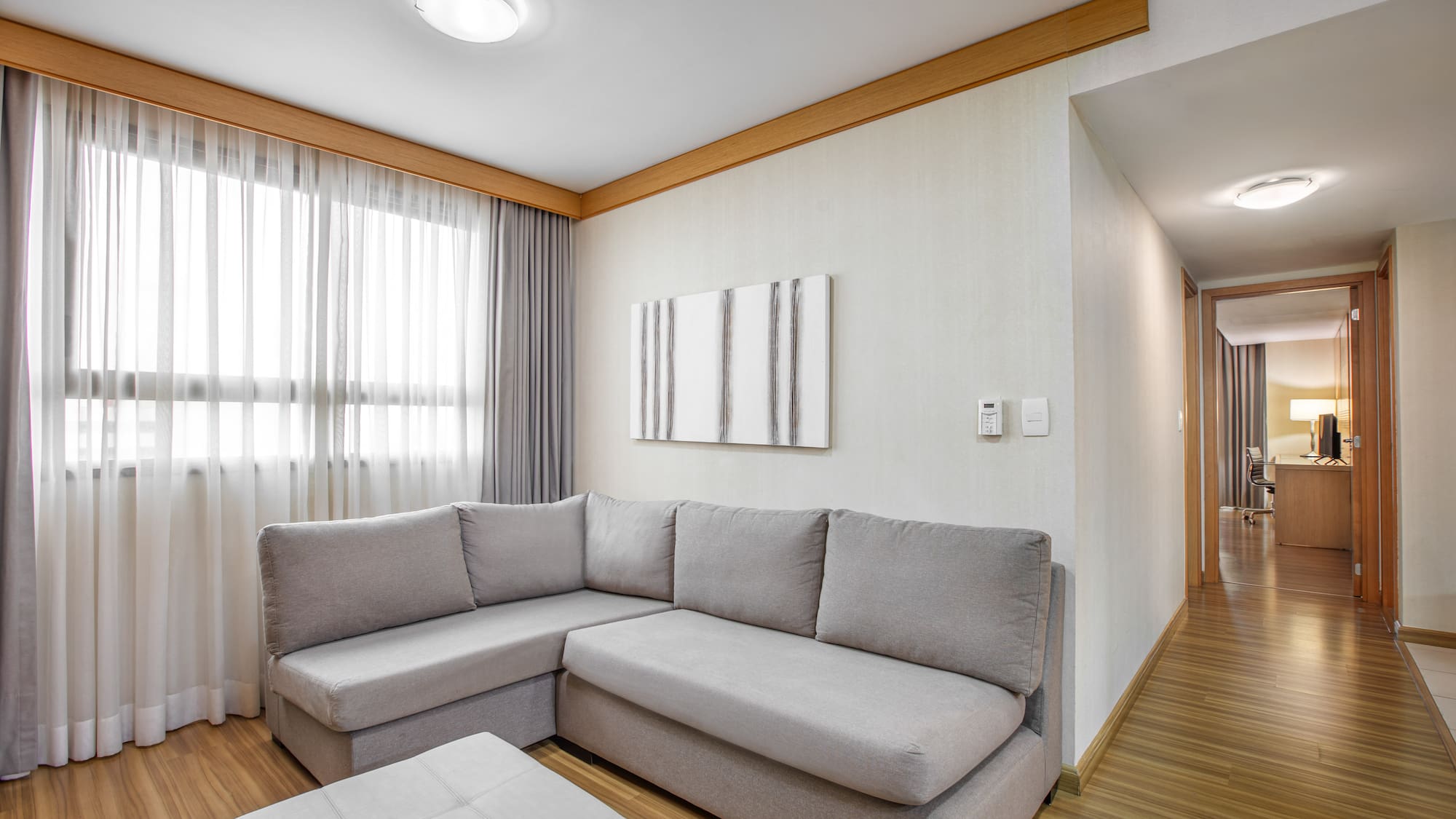 Modern living room with gray sectional sofa, wood floor, and large window.