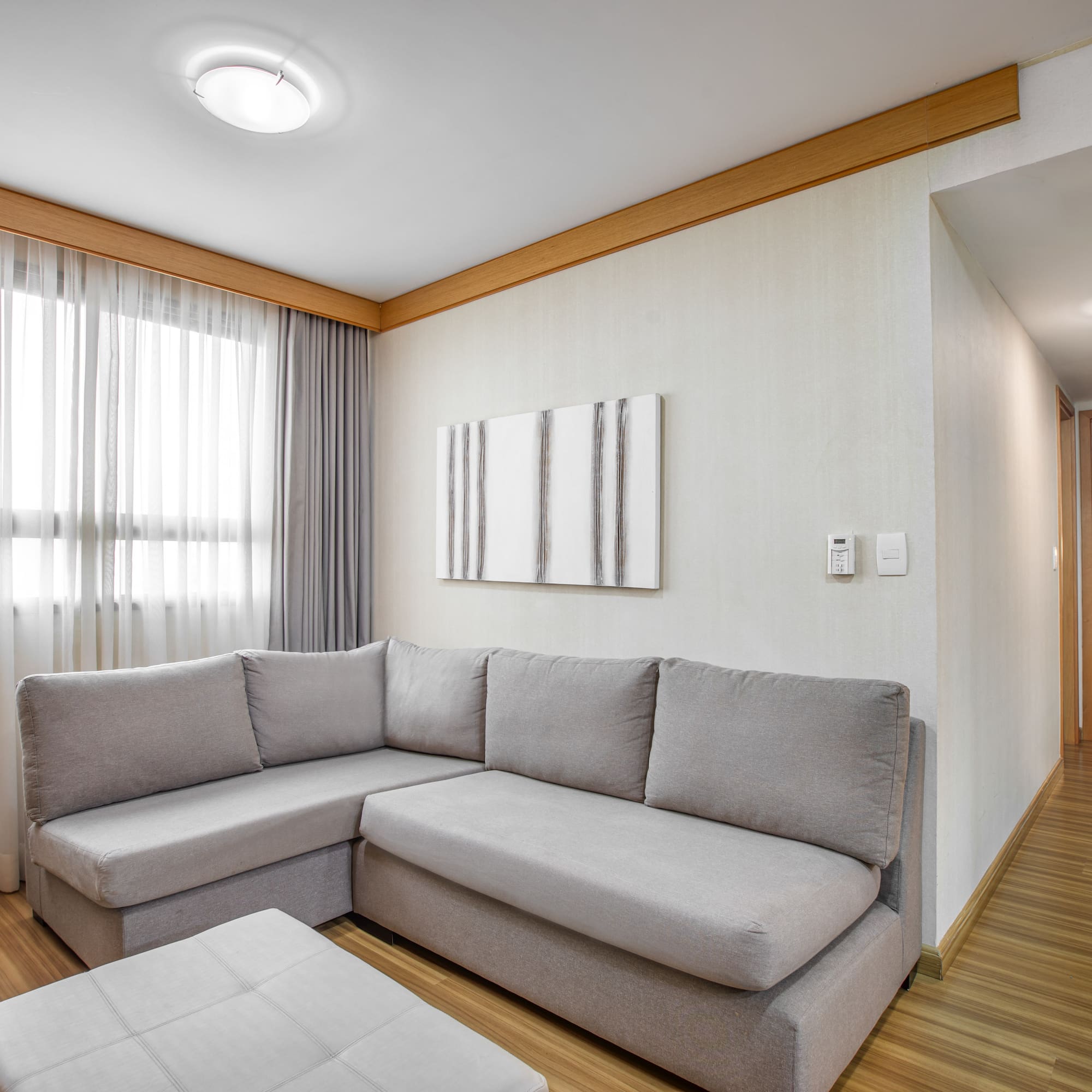 Modern living room with gray sectional sofa, wood floor, and large window.