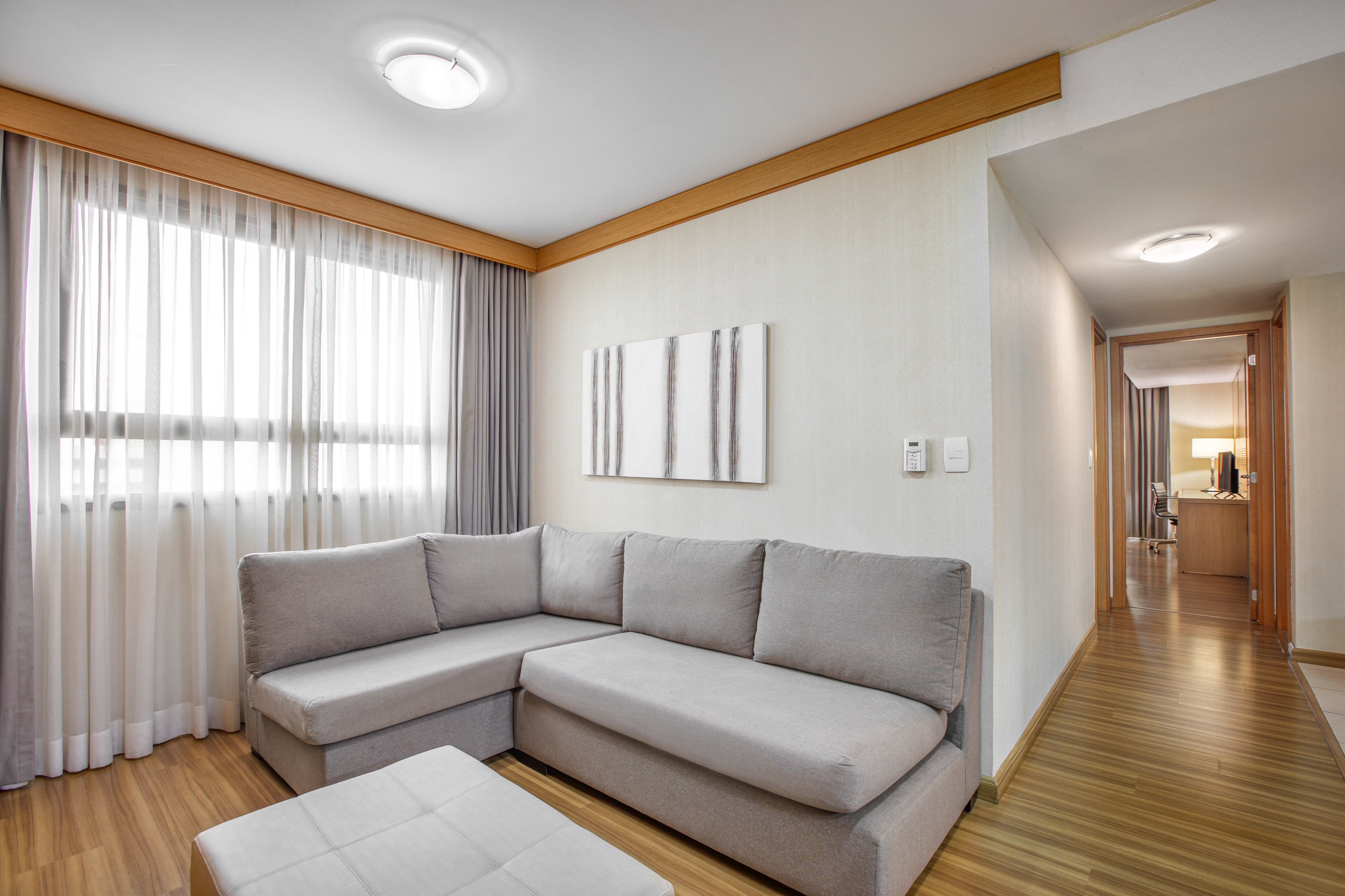 Modern living room with gray sectional sofa, wood floor, and large window.