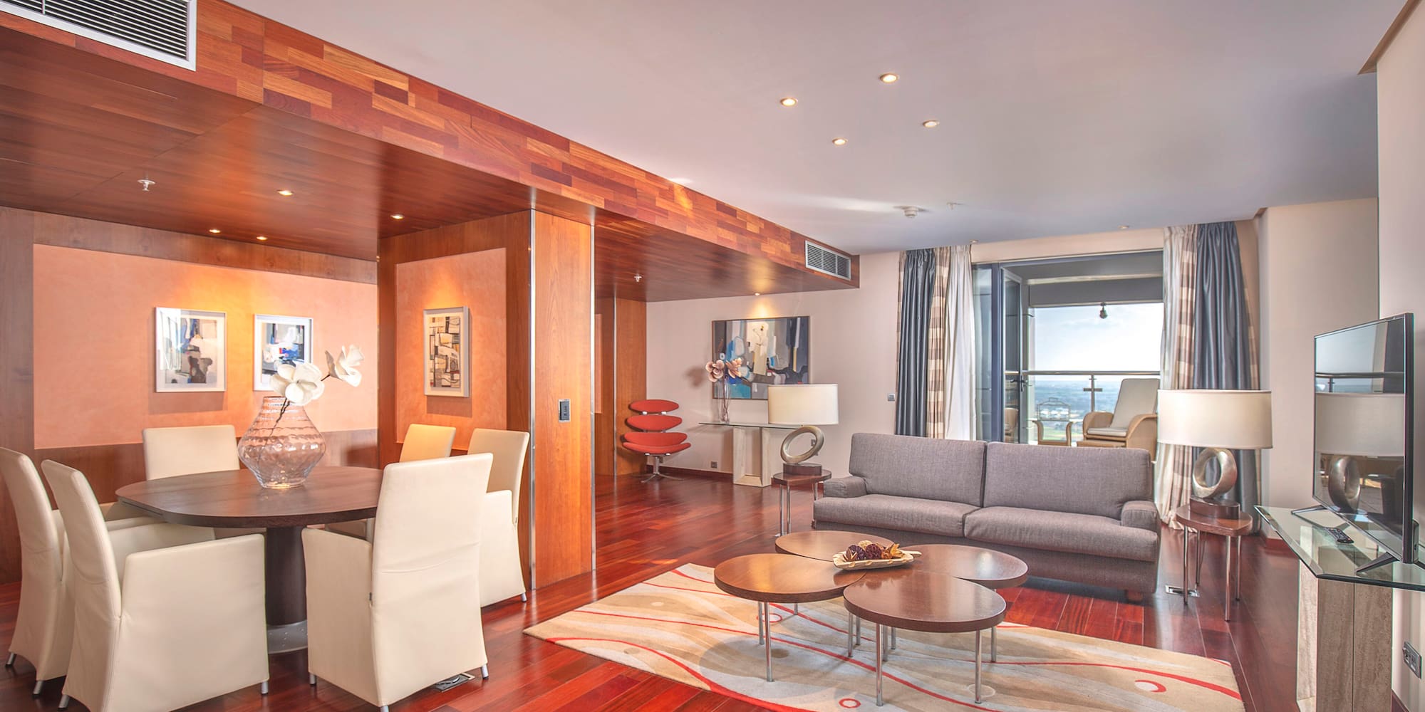 a living room with a couch and a table