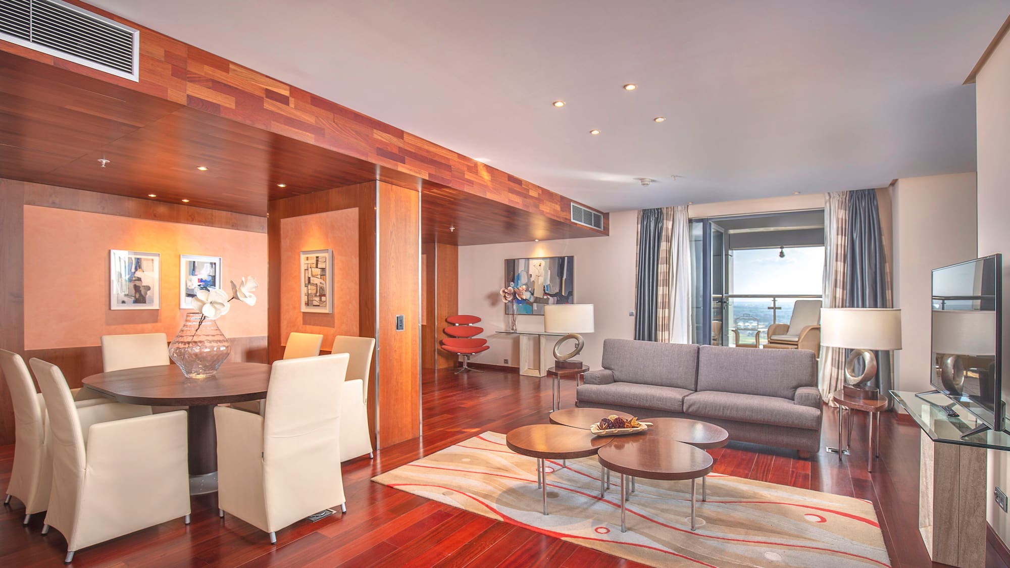 a living room with a couch and a table