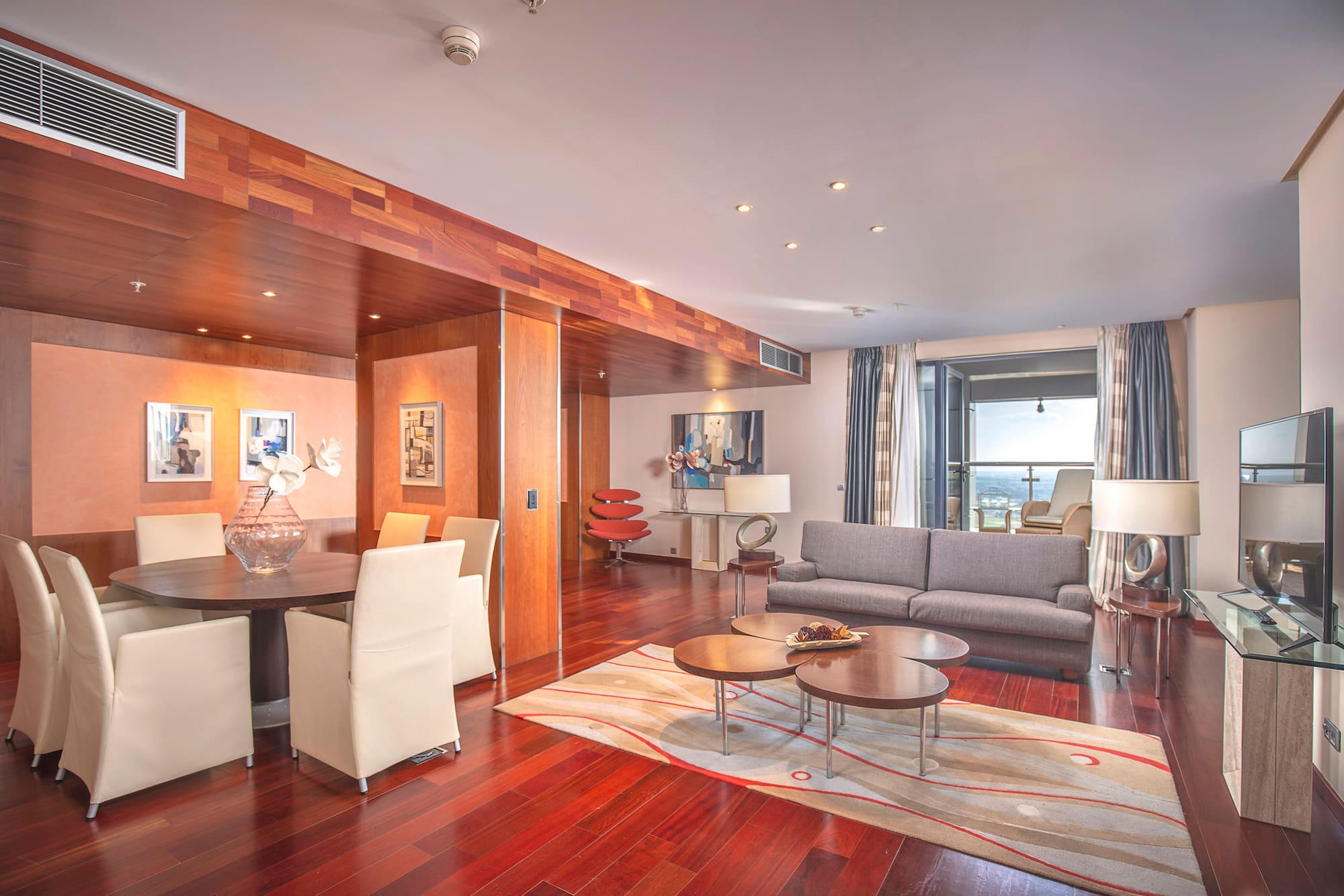 a living room with a couch and a table