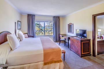 a bedroom with a large bed and a television