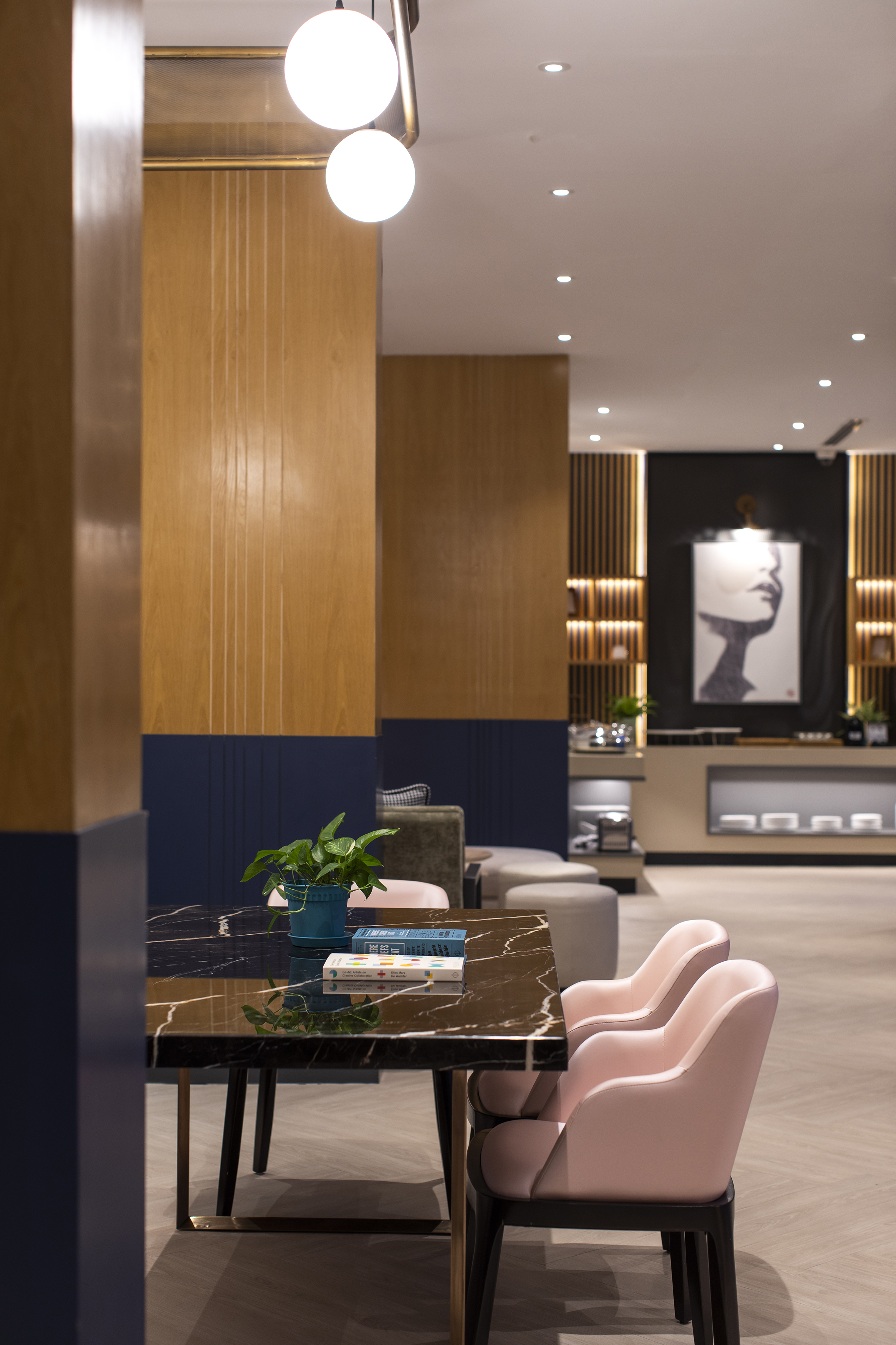 a room with a table and chairs