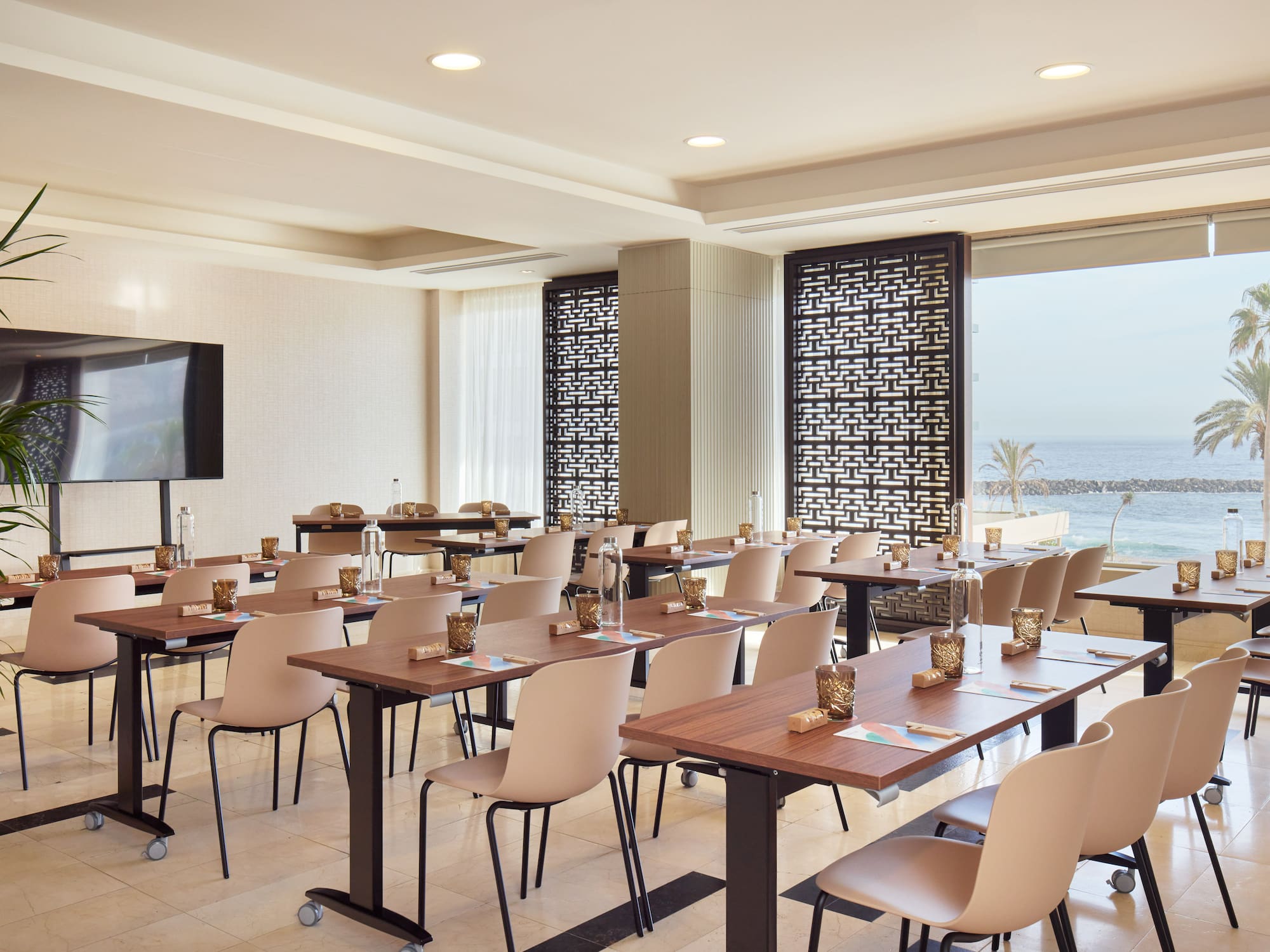 a room with tables and chairs