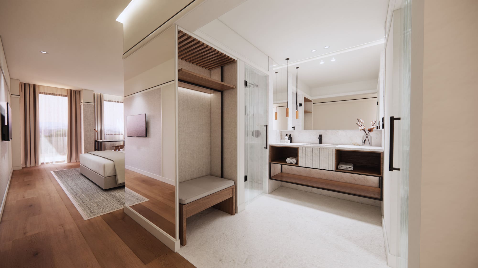 Modernes Hotelzimmer mit offenem Badezimmer, Garderobe und Holzboden. - Superior Room mit Balkon und Gartenblick - Hotel Golf Santa Ponsa Meliá Collection, Mallorca