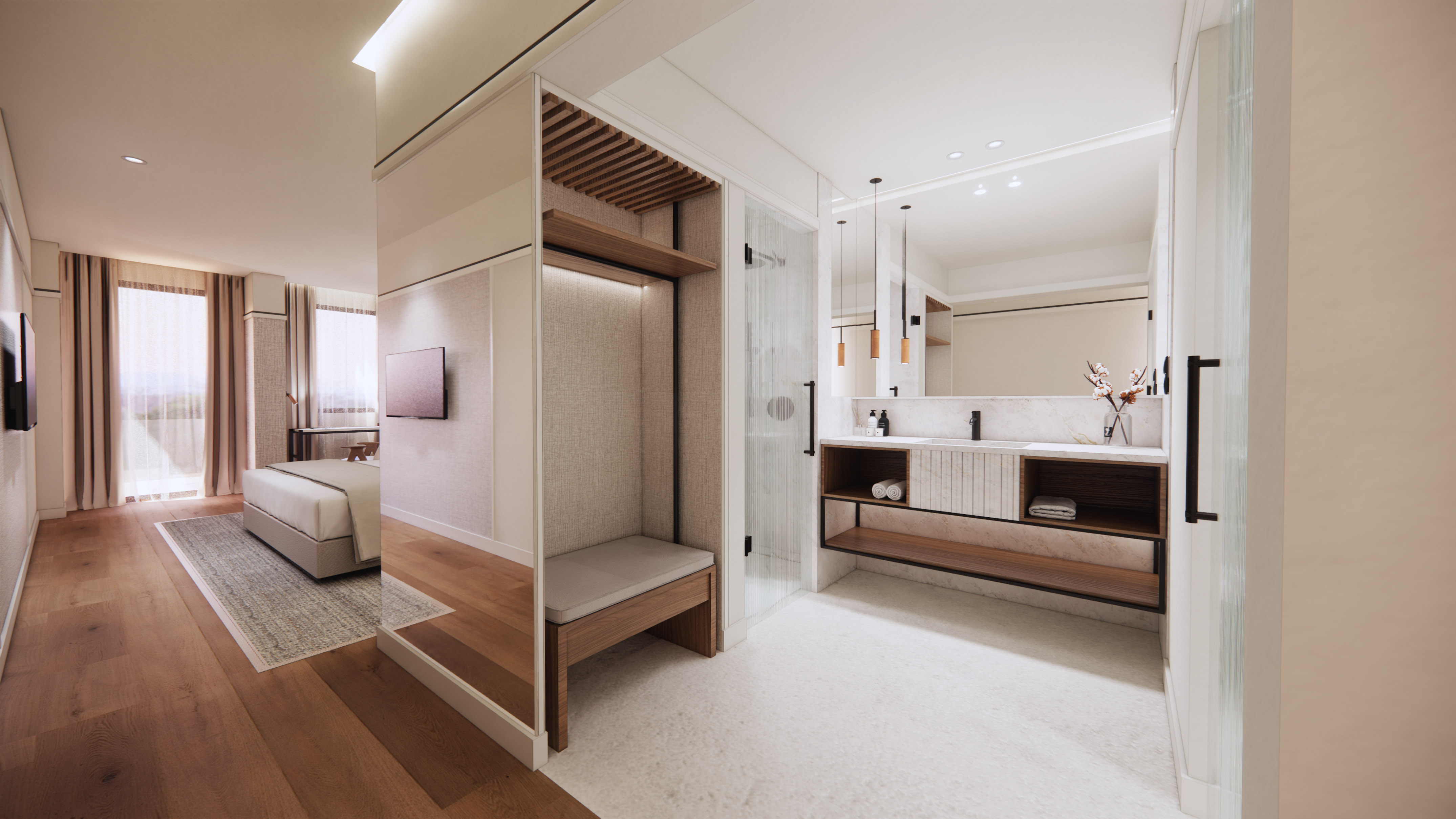 تصميم داخلي لجناح فندقي يجمع بين غرفة نوم وحمام عصري مفتوح مع وحدة إضاءة خشبية. - Superior Room مع شرفة وإطلالة على الحديقة - Hotel Golf Santa Ponsa Meliá Collection, مايوركا