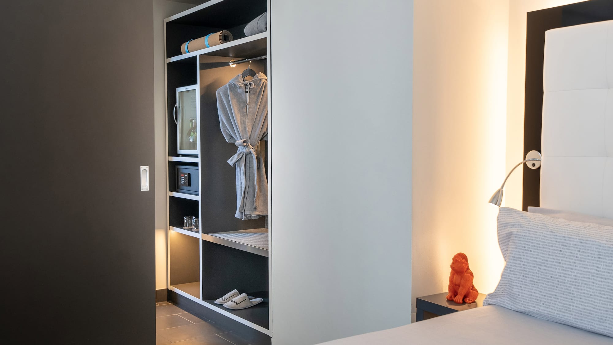 a room with a bed and a closet