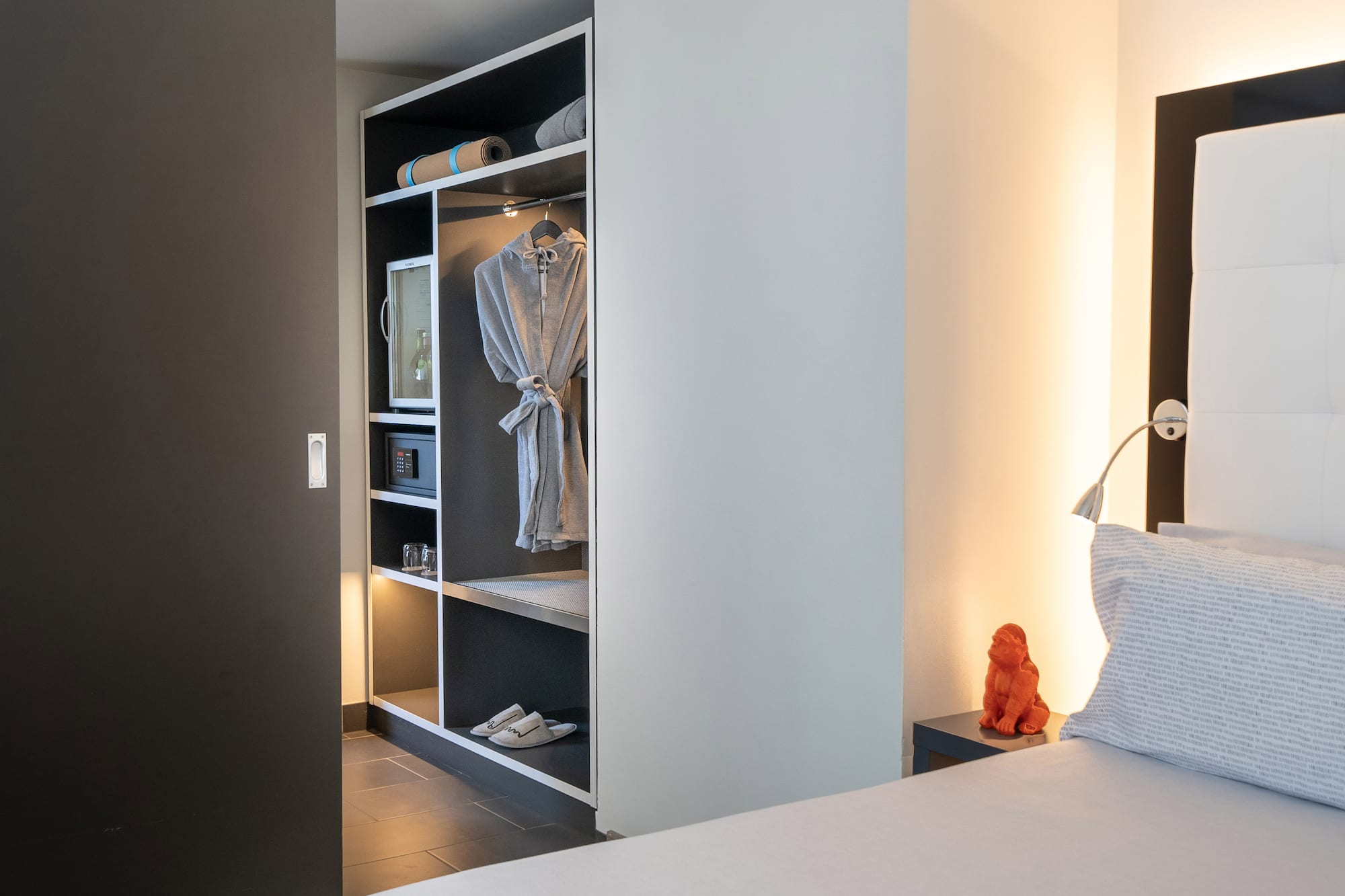 a room with a bed and a closet