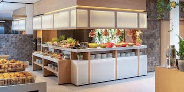 a buffet with food on the counter