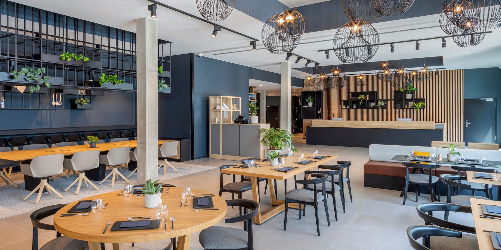 a room with tables and chairs