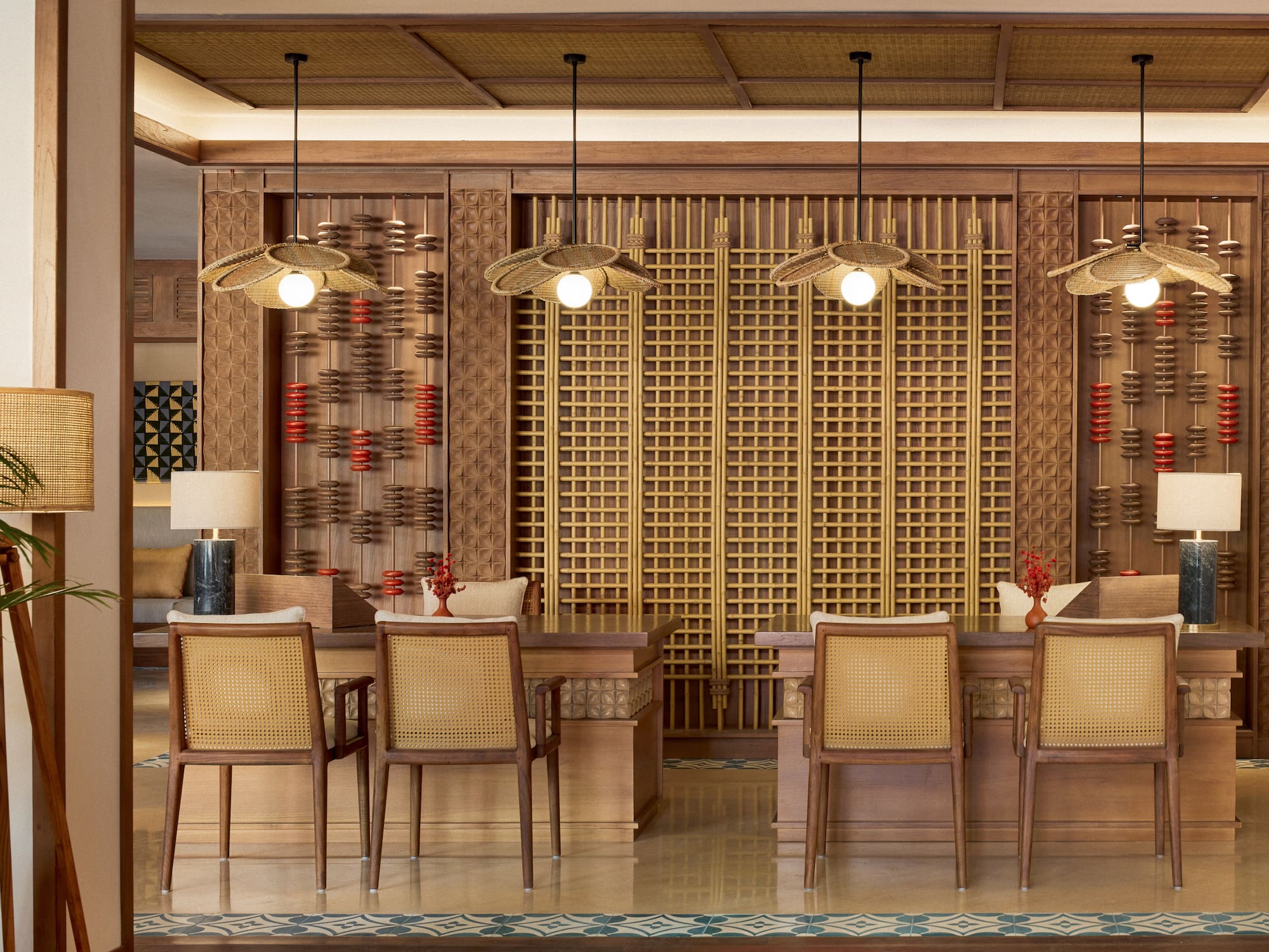 a room with a table and chairs