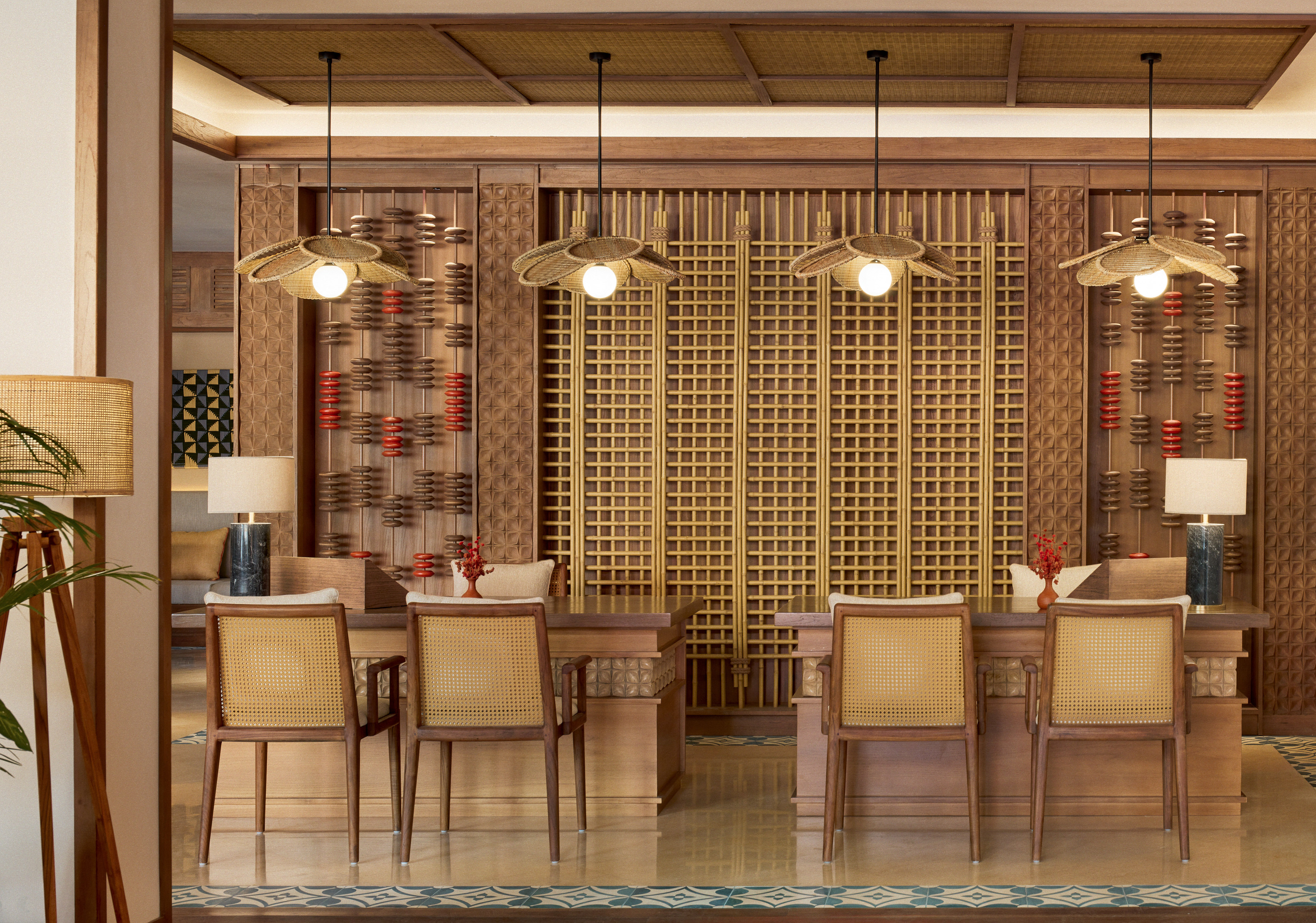 a room with a table and chairs